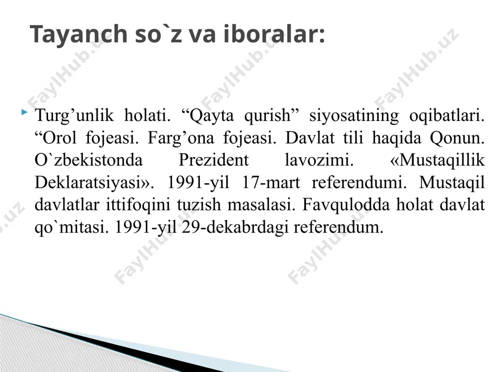 ng mustaqillik uchun bo`lgan kurashini tezlashtirib yubordi. bu o`rinda o`zbekiston kompartiyasi markaziy komitetining 1989-yil-23 iyundagi plenumi va unda islom karimovning birinchi kotib etib saylanishi juda katta ahamiyat kasb etdi. ushbu anjumanda i. karimov o`zbekistonning sobiq ittifoqda tutgan o`rni va rolini aniq-ravshan belgilab berdi, madaniy merosni va tarix haqiqatini tiklash, milliy urf-odatlar va an’analarni rivojlantirish obyektiv zarurat ekanligini isbotladi. respublikada «ish bilan ta’minlash» dasturi ishlab chiqildi. ana shu dasturga binoan 1990-yilda 300 ming kishi, asosan yoshlar ish bilan ta’minlandi. aholining kam daromadli qismini ijtimoiy jihatdan himoyalash uchun 1990-yilda byudjetdan va korxonalr hisobidan 142 mln. so`m qo`shimcha mablag’ ajratildi. 1991-yilga kelib o`zbekistonda respublikaning davlat mustaqilligiga doir mutlaqo yangi davlat ramzlarini tayyorlash va qabul qilish borasida dadil ishlar qilina boshlandi. 1991-yil 15-fevralda o`zbekiston oliy kengashi «o`zbekistonning davlat ramzlari to`g’risida» maxsus qaror qabul qildi. o`zbekistonning o`z suvereniteti uchun kurashi, avvalo, respublikada qabul qilingan har bir qonunning mazmuni va mohiyati jihatidan sobiq ittifoq qonunlaridan tubdan …