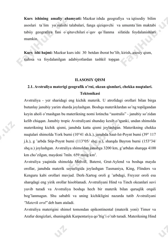 k orol" deb ham ataladi. avstraliya materigini shimol tomondan epikontinental (materik yoni) timor va arafur dengizlari, shuningdek karpentariya qo’ltig’i o’rab turadi. materikning hind okeani suvi yuvib turadigan g’arbiy va shimoliy sohillari bo’ylab dengiz sayozligi polosasi cho’zilgan. avstraliyani sharq tomondan marjon, tasman dengizlari o ’ragan, ular okean tipiga yoki oraliq tipga kiruvchi chuqur botiq havzalardan iborat b o ’lib, katta (5000 m dan ortiq) chuqurliklarga ega. suv osti ko’tarilmalari bilan bo’lingan fidji, yangi kaledoniya botiqlari va boshqalar ham juda chuqur. suv osti ko’tarilmalari va tizmalari ustida materik hamda marjon orollari joylashgan. orollar yoyi bo’ylab tashqi tomonda, qisman dengiz tomonda ham suv osti cho’kmalari (melaneziya, vityaz, tong, kermadek va b.) cho’zilgan, ulaming eng chuqur joylari 9000-10000 m dan oshadi. avstraliyani shimol va shimoli-sharqdan o’rab turgan dengizlaming suv harorati butun yil bo’yi +27°,+28°s ga teng. marjon dengizi janubida qishda +19°s gacha, tasman dengizida esa +16°,+17°s ga tushib boradi. marjon dengizidan materik qirg’og’i bo’ylab …