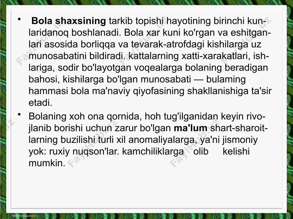 toifasiga kiritmaymiz, chunki uning rivojlanishidagi kamchiliklar organizmdagi qanday bulmasin biror organik yoki funktsional patologik o'zgarishlarga bog'liq bulmay. balki boshqa sabablardan kelib chiqqan. tarbiyachi va o’qituvchilar bunday bolalarni anomal bolalardan farqlay oladigan bo'lishlari kerak. kelib chiqish sabablariga ko'ra xar qanday anomal rivojlanish tug'ma yoki turmushda orttirilgan bo'lishi mumkin. tug'ma anomaliyalar ko'p jihatdan xomilador onaning sog'lig'i va yashash sharoitiga bog'liq. ona qornidagi xomilaning rivojlanishiga infektsiya, intoksikatsiya, shikastlanish va boshqa omillar ta'sir etishi mumkin. onaning xomiladorlik davrida turli xil kasalliklar bilan og'rishi, o'zboshimchalik bilan turli dori darmonlarni bilar-bilmas iste'mol qilishi bolaning anomal bo'lib tug'ilishiga sabab bo'lishi mumkin. tug'ma anomaliyalar genetik. ya'ni irsiy omillar ta'siriga ham bog'liq bo'lishi mumkin. masalan eshitish, ko'rish analizatori faoliyatining buzilishi, aqliy zaifliklming nasldan bolaga o'tishi ham kuzatiladi (daun kasalligi. rezus faktorning mos kelmasligi va boshqalar). ota-onalarning alkogolizmi. narkomaniyasi. toksikomaniyalari ham bolaning anomal bo'lib tug'ilishiga olib kelishi mumkin. turmushda ortirilgan anomaliyalar bola organizmiga tug'ilish vaqtida va undan keyingi davrlarda zararli …