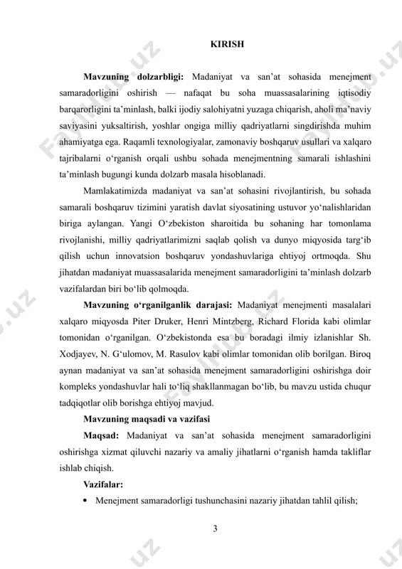 iy ehtiyojlar, estetik tamoyillar va milliy madaniy qadriyatlarni inobatga olish zarur. madaniyat sohasida menejmentning asosiy vazifalari quyidagilardan iborat: tashkilotning strategik yo‘nalishini belgilash, ijodiy loyiha va dasturlarni ishlab chiqish, moliyaviy va moddiy-texnik resurslarni boshqarish, inson kapitalini (san’atkorlar, mutaxassislar) rivojlantirish, auditoriya bilan aloqa o‘rnatish va jamoatchilik bilan ishlash. shu bilan birga, menejment jarayonida san’at va madaniyat mahsulotining sifati, ularning ijtimoiy ta’siri, estetik darajasi va ommaviy talablarga mosligi ham doimiy baholab boriladi. madaniyat menejmentining muhim jihatlaridan biri bu – innovatsion yondashuvlar va texnologik yangiliklarga tayanuvchi boshqaruv tizimini shakllantirishdir. zamonaviy dunyoda raqamli texnologiyalar, ijtimoiy tarmoqlar, onlayn platformalar orqali san’at va madaniyat namunalarini keng ommaga taqdim etish yangi boshqaruv modelini talab qilmoqda. bu esa menejerlardan nafaqat tashkilotchilik, balki kreativ fikrlash, raqamli savodxonlik, marketing va pr ko‘nikmalarini ham talab qiladi. shuningdek, madaniyat menejmenti ko‘p hollarda davlat siyosati bilan bevosita bog‘liq bo‘ladi. ya’ni, davlat tomonidan ajratiladigan mablag‘lar, madaniy strategiyalar va milliy dasturlar asosida ishlovchi madaniyat muassasalari menejment …