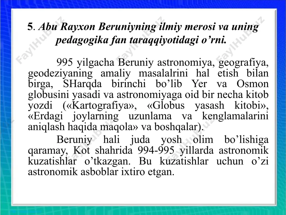 xqiqi molil hind min maqulatin fil aqli av marzulatin», ya’ni «hindlarning aqlga sig’adigan va sig’maydigan ta’limotlarini aniqlash kitobi» bo’lib, aytishga qulay bo’lishligi uchun qisqacha «tahqiqu mo - mil hind» - («hindistonga oid tadqiqlar» yoki «hindiston») deb yuritiladi. “saidona” asari sharqdagi dorivor o’simliklar haqida. “xorazmning mashxur kishilari”. “munajjimlik san’atidan boshlang’ich tushunchalar” bir qancha fanlar yuzasidan boshlang’ch tushunchalar. “hindiston” hind madaniyatiga oid asar. “al-qonun al-masudiy” astranomiyaga oid (masud qonuni). ”mineralogiya” kamyob metallar va qimmatbaho toshlar haqidagi asar. abu rayhon beruniyning asarlari. beruniy astronomiyaga oid «al – qonun al-mas’udiy» («mas’ud qoununi») nomli yirik asarini shox mas’udga bag’ishlaydi. olimlar bu asarni matematika va astronomiyaga oid ungacha yozilgan barcha asarlardan yuqori qo’yadilar. o’sha asr olimlaridan biri yoqutning yozishicha: «mas’ud qonuni» kitobi matematika va astronomiya bo’yicha ungacha yozilgan hamma kitoblar izini o’chirib yuborgan deydi. beruniy yana «qimmatbaho toshlarni bilib olish bo’yicha ma’lumotlar to’plami» («mineralogiya»), «dorivor o’simliklar haqida kitob», «kitob as saydona fi – t-tibb» kabi asarlarni …