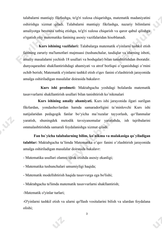 akasiga qo`yiladigan talablar: maktabgacha ta’limda matematika o’quv fanini o’zlashtirish jarayonida amalga oshiriladigan masalalar doirasida bakalavr: - matematika usullari olamni idrok etishda asosiy ekanligi; - matematika tushunchalari umumiyligi haqida; - matematik modellshtirish haqida tasavvurga ega bo'lishi; - maktabgacha ta'limda matematik tasavvurlarni shakllantirish; -matematik o'yinlar turlari; -o'yinlarni tashkil etish va ularni qo'llash vositalarini bilish va ulardan foydalana olishi; -miqdoriy munosabatlarni mustahkamlashga doir o'yinlar; -predmetlar miqdor haqidagi tushunchalarni aniqlashtirishga doir o'yinlar -geometrik shakllar haqidagi tasavvurlarni kengaytirish -fazoda yo'nalish olishni takomillashtirishga doir o'yinlar; -vaqt tasavvurlarni mustahkamlashga doir o'yinlarni tshkil etish va o'tkazish ko'nikmalariga ega bo'lishi kerak. kurs ishining tuzilishi: kirish, asosiy qism, i-bob, ii-bob, xulosa va foydalanilgan adabiyotlardan iborat i-bob o’quvchilarga geometrik elementlarni o’rgatish 1.1geometrik materiallarni o’rganish. o’quv jarayonida geometriya elementlarini o’rganish bilan bevosita bog’lab olib boriladi. geometrik mazmundagi masalalarni yechish, hisob-kitobga o’rgatish davomida geometrik figuralardan, didaktik material sifatida foydalanish - bularning barchasi o’quvchilarning geometrik taasurotlarini mustahkamlashga imkon beradi. geometrik materiallarni o’rganish: - geometrik …