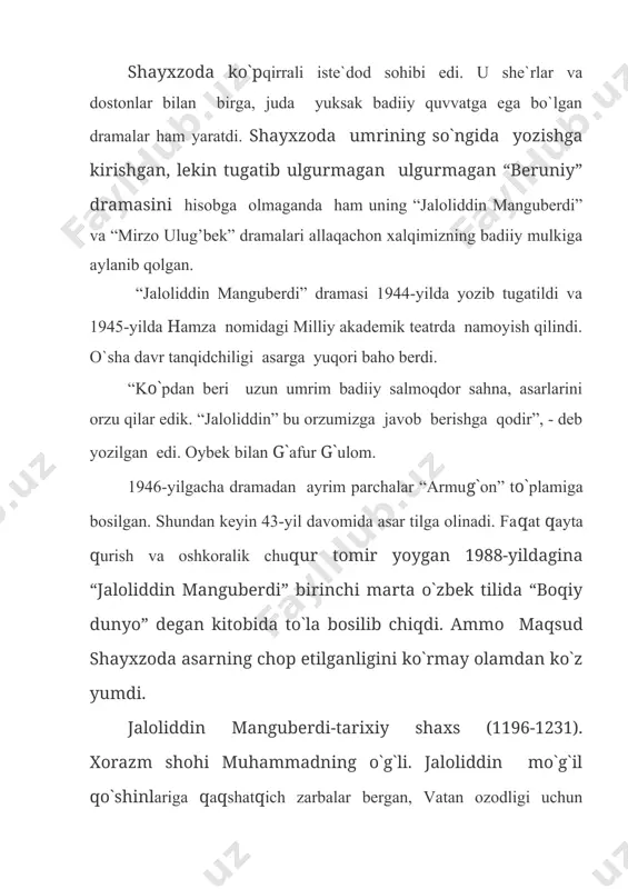 1958. 2. maqsud shayxzoda. “mirzo ulug’bek”.-t.: “o`qituvchi”, 1991. 3. maqsud shayxzoda. “toshkentnoma”.// maqsud shayxzoda (6 tomlik). -t.: “badiiy adabiyot”, 2-tom, 1971. 4. maqsud shayxzoda. asarlar (6 jildlik).-t.: “adabiyot va san`at”, 3-jild, 1972. 5. zokirov m. maqsud shayxzoda (adabiy-tanqidiy ocherk).-t.: “adabiyot va san`at”, 1969. 6. sharofiddinov o. maqsud shayxzoda. // o.sharofiddinov. birinchi mo``jiza.-t.: “adabiyot va san`at”, 1979. 7. sharofiddinov o. maqsud shayxzoda.//o`zbek adabiyoti tarixi ocherki (2 jildlik).-t.: “fan”, 2-jild, 1962. 8. g’afurov i. maqsud shayxzoda. // o`zbek adabiyoti tarixi ocherki (3 jildlik).-t.: “fan”, 3-jild, 1-kitob, 1972. 9. g’afurov i. o`rtoq shoir (maqsud shayxzoda hayoti va ijodi haqida).-t.: “yosh gvardiya”, 1975.