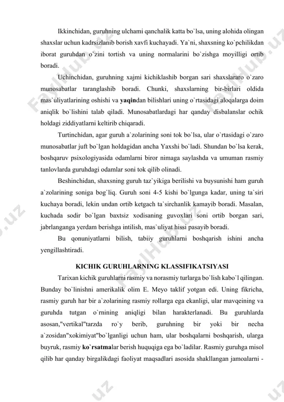 shga intiladi. rus psixologlari bu guruhni odatda shaxs uchun mavjud xakikiy guruh (a`zolik guruhi) tarkibidagi yoki unga karshi bo`lgan guruh sifatida qaraydilar. nima bo`lganda ham ana shunday guruhning mavjudligi shaxs uchun ahamiyatli bo`lib, uning xulq-atvori uchun etalon hisoblanadi. tadqiqotchi yoki tarbiyachining vazifasi, ana shu guruhni aniqlay olish va aniqlagandan sung nima uchun aynan shu guruh referent rolini uynaganini bilish muhimdir. referent guruhga qarab shaxsga baho berish, uning xulq-atvorini bashorat qilish mumkin. kichik guruhlardagi dinamik jarayonlar ma`lumki, guruhda to`plangan kishilar o`rtasida doimiy muloqot va munosabatlar mavjud bo`ladiki, ularning mazmuni va yo`nalishiga ko`ra, o`ziga xos sotsial-psixologik muxit shakllanadi. bu muxit guruhning taraqqiyotini ham, undagi turli jarayonlarni ham belgilaydi. guruhning dinamik jarayonlari deganda avvalo uning shakllanish jarayoni, liderlik va guruhga turli karorlarni kabo`l qilish jarayoni, guruhning har bir shaxsga ta`siri kabilar tushuniladi. guruhning shakllanishi uning paydo bo`lishi haqida gapiradigan bo`lsak, avvalo shuni ta`kidlash lozimki, guruh jamiyat extiejlari va ijtimoiy talablar asosida paydo bo`ladi. …