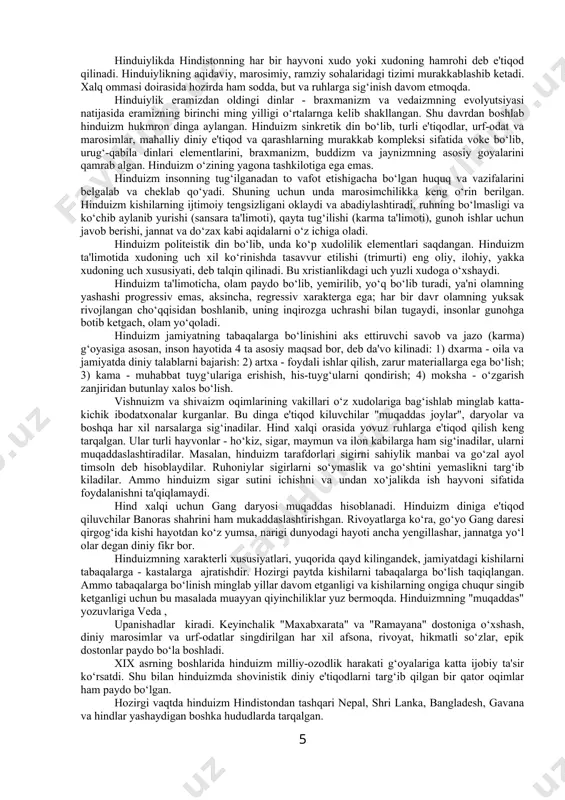 li) nomi bilan zikr etiladi. shiva vishnu bilan keyinchalik hindistonda unutilgan xudolar turkumini egalladi. yer xudolari. аgni – olov xudosi, u haqidagi afsonalar hindistondan tashqarida vujudga kelgan. u odamlarning qurbonliklarini xudolarga yetkazuvchi ruhoniy sifatida tasavvur qilingan. ushas – tong va uning nuri ma'budasidir. sarasvatilar – daryo xudosi, keyinchalik so‘z xudosi sifatida tasvirlangan. veda ibodatlari ikki turga bo‘lingan. birinchisi, duolar, ikkinchisi, xudolarga atab qilinadigan qurbonliklar yoki narsalarni taqdim qilishdan iborat bo‘lgan. duo kitoblari bo‘lmagan paytda ibodatlar faqat qurbonliklar shaklida amalga oshirilgan. keyin rigveda, аtxarvaveda kabi madhiya va duolarni o‘zida jamlagan kitoblar paydo bo‘lgach, ibodatning ikkinchi ko‘rinishi – duo va madhiyalar xudolarga atab o‘qish odat tusiga kirgan. braxmanlik (braxmanizm): ta'limoti va tarixi braxmanlik – veda dinlarining bir tarmog‘idir. o‘z hayotlarini ibodat qilish, ilohiyot ilmini o‘rganish, murakkab marosimlarni o‘tkazish va xalq ruhoniy hayotini boshqarishga bag‘ishlagan braxmanlar kastasi (tabaqasi) vujudga keldi. dinda ilohiy tilni o‘zgartirib bo‘lmasligi, sanskritning muqaddas tilga aylanib qolishi braxmanlikning kelib chiqishiga …