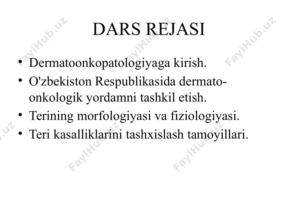 vjud. ushbu sohalarning kombinatsiyasi o'z vaqtida boshlangan terapiya tufayli terining saraton kasalligini erta tashxislash, bemorlarning hayot sifatini yaxshilash imkonini beradi. sifatida iqtisodiy jihatdan samarali bo'ladi morfologik tadqiqotlar va kasallikning dastlabki bosqichlarida davolash bitta mutaxassis tomonidan amalga oshiriladi. hozirgi vaqtda dermatologlar har doim ham terining saraton kasalligini aniq aniqlashga qodir emaslar. bemorlarni noto'g'ri (noto'g'ri) boshqarish va saratonning dastlabki bosqichida qimmatli vaqtni yo'qotish xavfi mavjud. odatda, bahsli murakkab dermatozlarni tashxislashda dermatologlar umumiy morfologlarga murojaat qilishadi va natijalar ko'p jihatdan klinikaga mos kelmaydi. bunday muammolar ko'p qirrali bilimga ega bo'lgan va teri kasalliklarini tashxislash va davolash bo'yicha kompleks yondashuvga ega bo'lgan xodimlarga talabni ko'rsatadi. terining anatomiyasi va gistologiyasi terining anatomik gistologiyasi teri eng katta organdir. maydon 1,5-2,3 m2, og'irligi 4-6%, gipodermiya bilan birgalikda umumiy tana vaznining 16-17%. gistologik jihatdan terining 3 bo'limi - epidermis (kutikula), dermis (terining o'zi), gipodermiya (teri osti yog ') mavjud. terining gistologiyasi epidermis terining anatomik gistologiyasi derma tuzilishi terining …