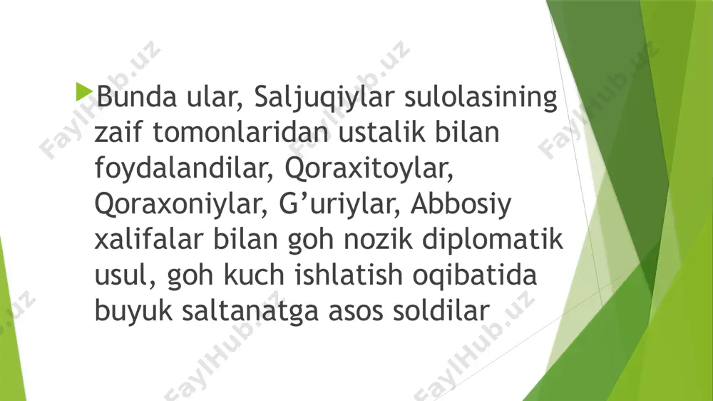 saltanatni mustahkamlash va sarhadlarini kengaytirish siyosatini davom ettirdi. takash davrida dehiston qo’shib olindi. uzoq kurashlardan keyin, ya’ni 1188 yil bahoriga kelibgina vositachilar ishtirokida aka-ukalar o’rtasida sulh tuzilib, sultonshoh akasi takash hukmdorligini tan oldi. shundan keyingina, 1189 yil 4 iyulda rodekon (rodgon) shahrida takashning sultonlik taxtiga chiqish marosimi o’tkazildi. ammo sultonshoh buzg’unchilik ishlarini davom ettirib, akasiga qarshi kurashda g’uriylardan madad so’rab bordi. biroq, u o’z maqsadiga erisha olmadi. faqat 1193 yilda sultonshohning vafoti bu ayovsiz kurashga xotima yasadi. takash 1200 yil 3 iyulda shahriston shahrida vafot etdi. takash xorazmshohlar saltanatining (imperiyasining) asoschisi edi. shunday ulkan saltanat hukmdori bo’lishi bilan birgalikda u adolatni yaxshi ko’rardi. «xorazmshoh takash o’z fuqarolariga nisbatan adolatli bo’lgan, odatdan tashqari qobiliyatga ega, buyuk diplomat va lashkarboshi edi», - deb ma’lumot beriladi tarixiy manbalarda. sulton takash o’z o’g’li alouddin muhammadga mustahkam va ulkan saltanatni meros qilib qoldirdi. sulton alouddin muhammad ham o’z sulolasining ichki va tashqi siyosat bilan bog’liq …