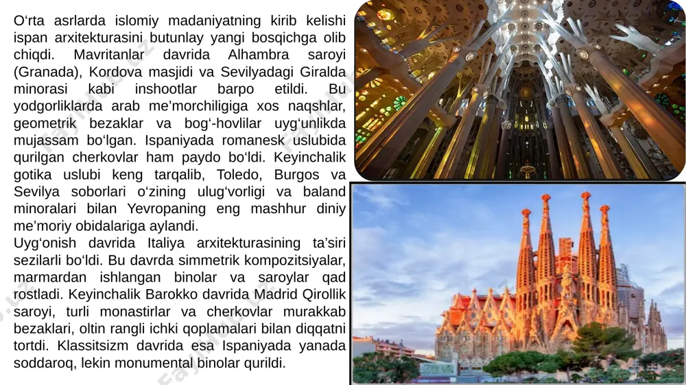 ajak shahri (ciudad de las artes y las ciencias) majmuasi bo‘lib, u teatr, ilmiy muzey, akvarium va san’at markazlarini o‘z ichiga oladi. ispaniya arxitekturasi o‘zining betakrorligi bilan yevropaning boshqa davlatlaridan farq qiladi. uning rivojlanishida eng asosiy jihatlardan biri – turli davrlarda mamlakat hududida hukmronlik qilgan sivilizatsiyalarning merosi uyg‘unlashib ketganidir. masalan, islomiy va xristianlik me’morchiligi ko‘plab yodgorliklarda birgalikda uchraydi. bu o‘ziga xos “mudejar uslubi” deb nom olgan. mudejar arxitekturasi xii–xvi asrlarda keng tarqalib, unda arab naqshlari va geometrik bezaklari bilan gotik yoki romanesk uslub elementlari birlashtirilgan. toledodagi san-tome cherkovi va teruel shahridagi minoralar mudejar uslubining yorqin namunalaridir. ushbu uslub keyinchalik butun ispaniya arxitektura tarixida muhim o‘rin tutdi. xviii–xix asrlarda ispaniyada neoklassitsizm va eklektika rivojlandi. madrid shahridagi prado muzeyi (1785–1819) bu davr arxitekturasining muhim yodgorligidir. prado bugungi kunda dunyoning eng yirik san’at muzeylaridan biri bo‘lib, uning binosi oddiy, simmetrik va monumental uslubda barpo etilgan. ispaniyada xix asrda sanoat rivojlanishi bilan temir va …
