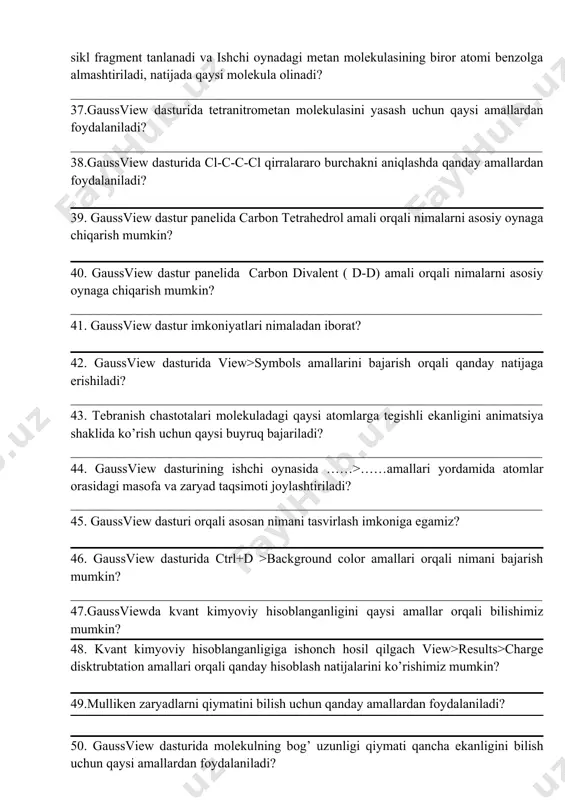 ssional shu ketma-ketlikdan nimani órganishda foydalaniladi? _______________________________________________________________________ 28. gauss sian interfeysidan congrulation oynasidagi qaysi funksiyalar orqali turli kimyoviy birikmalarning yamr spektrini hisoblash mumkin? _______________________________________________________________________ 29. chemvindow dasturini qaysi kompaniya taqdim etgan? _______________________________________________________________________ 30. convert structure to name amali orqali nima aniqlanadi? _______________________________________________________________________ 31.moddaning 3d holatini kórish uchun bajariladigan amallar ketma-ketligini yozing? _______________________________________________________________________ 32. chemlab dasturining equipment satrida.......? _______________________________________________________________________ 33. chemlab dasturining chemicals satrida........? _______________________________________________________________________ 34. chemlab dasturining vertual chemistrlab satrida......? _______________________________________________________________________ 35. chemlab dasturi qaysi yillar oralig'ida yaratilgan? _______________________________________________________________________ 36. gaussview dasturining asosiy oynasidagi instrumentlardan siklli fragmentlar tegmasin 2 marta bosiladi. ring fragment oynasidan benzol molekulasiga mos keluvchi sikl fragment tanlanadi va ishchi oynadagi metan molekulasining biror atomi benzolga almashtiriladi, natijada qaysi molekula olinadi? _______________________________________________________________________ 37.gaussview dasturida tetranitrometan molekulasini yasash uchun qaysi amallardan foydalaniladi? _______________________________________________________________________ 38.gaussview dasturida cl-c-c-cl qirralararo burchakni aniqlashda qanday amallardan foydalaniladi? 39. gaussview dastur panelida carbon tetrahedrol amali orqali nimalarni asosiy oynaga chiqarish m
