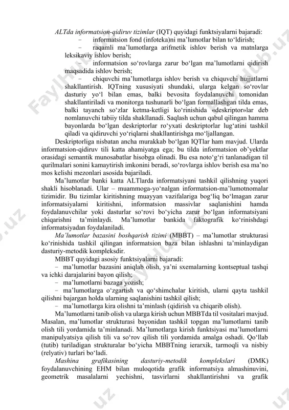 omplekslari tarkibiga kiruvchi komponentlarni sotib olinadiganlari bilan o‘zaro moslashuvini ta’minlagan holda ishlab chiqish hisobiga erishilishi kerak. umumtizimli dmklar dasturiy, informatsion, metodik va boshqa turdagi ta’minotlarni o‘z ichiga oladi. ular boshqaruv, nazorat, hisoblash jarayonini rejalashtirish, alt resurslarini taqsimlashni bajarish va nimtizim yoki butun alt uchun umumiy bo‘lgan boshqa funktsiyalarni amalga oshirish uchun mo‘ljallangan. umumtizimli dmklarga misollar: monitor tizimlari, ma’lumotlar bazalarini (mb) boshqarish tizimlari, informatsion-qidiruv tizimlari, mashina grafikasi vositalari, dialogli rejimni ta’minlovchi nimtizimlar va h.k. altda texnikaviy vositalar funktsiyalarini bajarilishini boshqaruvchi monitor tizimlari. monitor tizimlarining asosiy funktsiyalari quyidagilar: · talab qilinadigan va mavjud resurslar masalalari paketini nazorat qiluvchi topshiriqlarni ustuvorligi va tartib raqami o‘rnatilgan holda ma’lumotlar bazasiga kirish huquqini shakllantirish; · topshiriqlar va masalalarni boshqarish tillarining yo‘riqnomalariga ishlov berish hamda uzilishlarga boshqarishni tekshirish, uzilish sababini tahlil qilib va uni loyihalovchiga tushunarli terminlarda izohlab reaktsiya (sezib ta’sir) qilish; · tizimlar parallel ishlagan sharoitlarda dialogli va interaktiv-grafik hamrohligini tashkil qiluvchi masalalar oqimiga xizmat ko‘rsatish; …