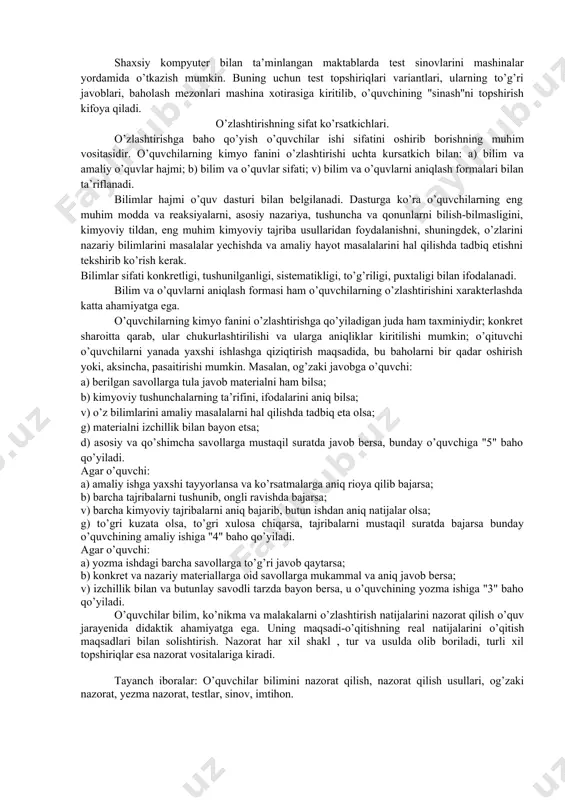 mavzu o’tilgandan keyin, yoki chorak oxirida butun bir dars davomida shu o’tilgan mavzu bo’yicha nazorat yozma ish o’tkaziladi. o’quvchilarning nazorat ishini mustaqil suratda bajarilishni ta’minlash uchun bu ish bir necha variantlarda tuziladi (2, 3, 4, va hokazo). savollarning oson-qiyinligini taxminan bir xil bo’lishi kerak. nazorat ishning qanday bajarilganligini tekshirib ko’rish va unga baho qo’yish ta’lim-tarbiya jihatidan katta rol o’ynaydi. eng ko’p takrorlangan xatolarni o’qituvchi tahlil qilib ko’rish asosida o’quvchilarning javoblariga baho qo’yibgina qolmay, balki kimyo o’qitish ishini bundan buyon yaxshilash uchun tegishli xulosalar ham chiqarib oladi. o’quvchilarning o’quv va malakalarni tekshirib ko’rishda faqat nazariy bilimlarni emas, ya’ni: kimyoviy til, grafikadan foydalana bilish, miqdoriy hisoblar qila olish, balki eksperiment o’tkaza bilish malakalarini - eng ko’p ishlatadigan asbob-uskunalardan foydalana olish, eng muhim kimyoviy operasiyalarni bajarish, kimyoviy eksperimentdan foydalana olish malakalarini hosil qilish vazifasi ham turibdi. bunda ham chorak oxirida va yil oxirida o’quvchilarning eng muhim eksperimental malakalarini tekshirib ko’riladi va baho qo’yiladi. …
