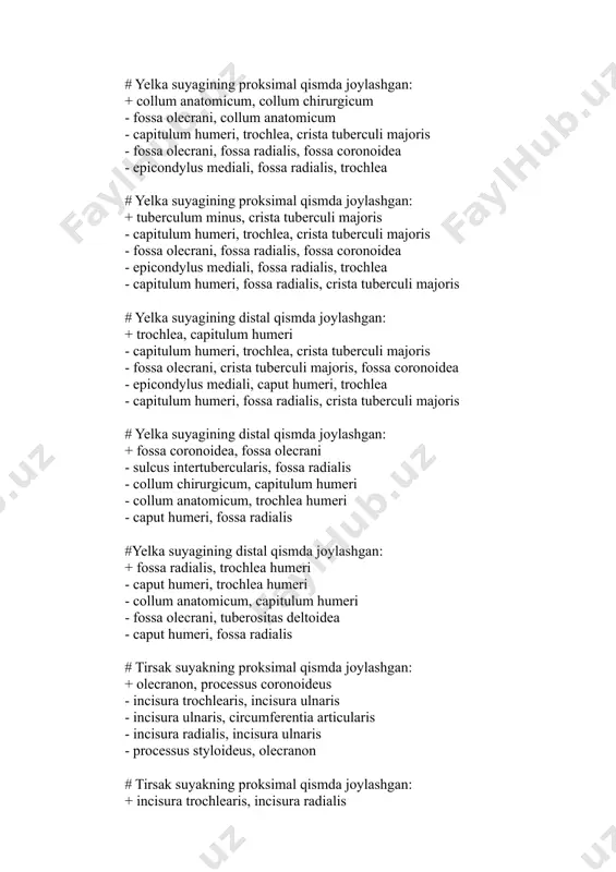 essus styloidens, processus coronoideus - incisura trochlearis, incisura ulnaris # tirsak suyagining distal qismda joylashgan: + caput, processus styloideus - circumferentia articularis, incisura ulnaris - processus styloidens, processus coronoideus - caput, incisura ulnaris - incisura radialis, incisura ulnaris # bilak suyagining proksimal qismda joylashgan: + circumferentia articularis, caput - collum, processus styloideus - caput, processus coronoideus - circumferentia articularis, trochlea - incisura ulnaris, processus styloideus # bilak suyagining distal qismda joylashgan: + processus styloideus, incisura ulnaris - incisura radialis, processus styloideus - incisura ulnaris, caput - incisura radialis, facies articularis carpea - corpus, facies posterior # bilak suyagining distal qismda joylashgan: + facies articularis carpea, incisura ulnaris - incisura radialis, facies articularis carpea - caput radii, collum radii - processus styloideus, incisura radialis - corpus, facies posterior # neurocranium xosil bulishida ishtirok etadi: + os occipitale, os sphenoidale, os temporale - maxilla, os nasale - vomer, os zygomaticum - mandibula, …