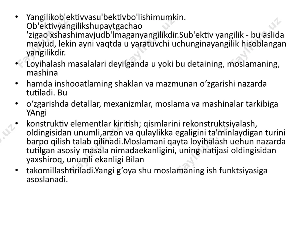 h; • detallarni xizmat muddatini oshirish; loyihalashga oid masalalarni echishning boshqalardan farq qiladigan asosiy xususiyati shundan iboratki, ularning echimi ko‘p variantli bo'iishiga qaramay, masalaning sharti bo'yicha muayyan texnik-texnologik, iqtisodiy talablarning bajarilishi bilan xarakterlanadi. detaining fazoviy holatini o ‘zgartirib chizish. detal tarkibidagi kontsruktiv qismlarini surish va burish orqali uzgartirish. detal а, в, с bo'laklardan tashkil topgan bo'lib, uning в bo'lagi asosi a ning o'rtasiga, с bo'laklari в ning ikkala tomoniga tayanch vazifasini o'taydigan vaziyatga fikran surilsin va ko'rinishlari chizilsin (2.10.1-chizma, a). detal asosi a chizib olinadi va uning o'rtasiga в bo'lak chiziladi. keyin с bo'laklariв ning ikkala tomoniga chizib chiqiladi (2.10.1-chizma,6). detal bir butundeb qaraladi va bo'laklari orasidagi chiziqlar o'chirib tashlanadi. detaining в bo'lagini a ga nisbatan ko'ndalang qo'ymasdan 90° burchakka burib joylashtirsa ham bo'ladi. u vaqtda detal 2.10.1-shakl, сdagidek ko'rinishga ega bo'ladi. uyib olish orqali detal xosil qilish. shartga binoan uyish orqali detal xosil qilish. detal shakliga o'zgartirish kiritish deganda, …