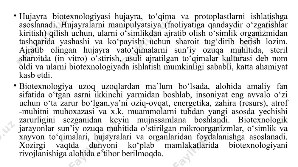 ish-ajratib olingan to‘qimalarni ko‘paytirish va ekuv materiallarini viruslar va boshqa patogenlardan sog‘lomlashtirish maqsadida ishlatish. bu usul, o‘simliklarni klonal mikroko‘paytirish deyiladi va bitta medistemadan yiliga yuz minglab o‘simlik olish imkonini beradi. hujayra va to‘qimalar kulturalarini ishlatishdagi natijalar birinchi navbatda hujayralarni bo‘linishi, ularni tabaqalanishi va ulardan o‘simlik o‘sib chiqishini belgilovchi, fiziologik jarayonlarni optimizatsiyasiga bog‘liq. eng murakkab tomon bu alohida hujayradan o‘simlik regeneratsiya qilish. birinchi navbatda bu boshoqli o‘simliklarga tegishli. shuning uchun ham invitro sharoitda morfogenez regeneratsiya va ularni asosida yotgan jarayonlarni mexanizmlarini aniqlash, eng muhim ahamiyatga egadir. i-bosqich (1892–1902 yillar) –xaberlandt, fexting, rextiger kabi nemis olimlarini nomlari bilan bog‘liq. ular saxaroza eritmasida xar xil o‘simliklar to‘qimalarini o‘stirishga urinib ko‘rishgan, ammo o‘simliklarni o‘sishi kuzatilmagan. faqatgina qoqi o‘tini va tol daraxtini poyalarini sigmentlari uchun birlamchi kallus olingan va kallusgenezga aylanishi mumkin bo‘lgan segmentin eng kichik razmeri aniqlangan. eksperimental muvaffaqiyatlarga yetaolmasdan bu olimlar qator g‘oya va gipotezalar yaratganlar. bu g‘oya va gipotezalar ancha kechiroq o‘z …