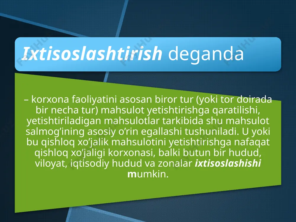 ing tamoyillari. tarmoq deb, bir-biridan ishlab chiqarish texnikasi, texnologiyasi, foydalaniladigan asosiy va aylanma vositalarning tarkibi, ishchi kuchlarining xarakteri, malakasi, kasbi va pirovard maxsuloti bilan farqlanadigan soxalarga aytiladi. qishloq xo’jaligidagi tarmoqlar asosan ikkita katta guruhga: o’simlikchilik va chorvachilikka bo’linadi. o’simlikchilik tarmog’i – paxtachilik, g’allachilik, sabzavotchilik, polizchilik, bog’dorchilik kabi tarmoqlarga, chorvachilik tarmog’i esa - qoramolchilik, qo’ychilik, pillachilik, parandachilik, yilqichilik va boshqalarga bo’linadi. har bir qishloq xo’jalik korxonasida bir necha tarmoq mavjud, ular orasida korxonaning maqsadi va vazifalarini, asosiy yo’nalishini ifoda etuvchi asosiy tarmoq mavjud bo’ladi. tarmoqlar o’z navbatida quyidagi tarmoqlarga bo’linadi. asosiy tarmoq qo’shimcha tarmoq yordamchi tarmoq asosiy tarmoq korxonada ishlab chiqariladigan tovar maxsulotining 2/3 (uchdan ikki) qismini yoki 66 foizidan ortigini berishi lozim. u xo’jalikning ixtisoslashganligini belgilaydi, ishlab chiqarish tarkibi shu asosiy tarmoqqa bog’liq. qo’shimcha tarmoq yalpi va tovar maxsulotining eng kamida 1/3(uchdan bir) qismini tashkil etadigan tarmoqqa aytiladi. yordamchi tarmoq bu qishloq xo’jalik xom ashyosini qayta ishlaydigan - tegirmonlar, objuvozlar, …