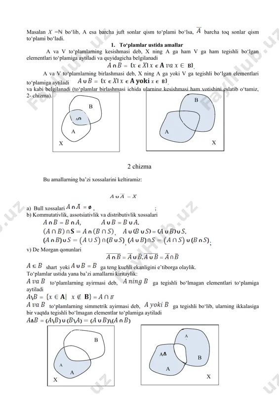 uchun xarakterli bo‘lgan shart. masalan, 4 dan kichik yoki teng bo‘lgan natural sonlar to‘plamini quyidagicha yozish mumkin yoki to‘plamning qism to‘plamlaridan tuzilgan to‘plamni p(bilan belgilaymiz. ravshanki p(. to‘plamning qism to‘plamlari orasida birorta ham elementi bo‘lmagan bo‘sh to‘plam mavjud, uni kabi belgilaymiz, demakp(. misol tariqasida={1,2,3} to‘plamni qaraylik. u holda p( e’tibor qilsak, x to‘plamning elementlari soni 3 ta, p(to‘plam esa 8=23 ta elementga ega. umuman, x chekli to‘plam (elementlari soni chekli) n ta elementga ega bo‘lsa, p(ning quvvati 2n ga teng bo‘ladi. bir yoki bir necha qism to‘plam yordamida yangi qism to‘plam tuzish mumkin. ulardan eng soddasi to‘ldiruvchi to‘plamdir. kabi aniqlanuvchi to‘plamga ning to‘ldiruvchisi deyiladi (1 chizma). а х 1 chizma ba’zi hollarda qaysi to‘plamga nisbatan to‘ldiruvchi olinayotganini ko‘rsatish uchun kabi belgilaymiz. quyidagi xossalar ta’rifdan bevosita kelib chiqadi: , , . masalan x =ℕ bo‘lib, a esa barcha juft sonlar qism to‘plami bo‘lsa, barcha toq sonlar qism to‘plami bo‘ladi. 1. to‘plamlar …
