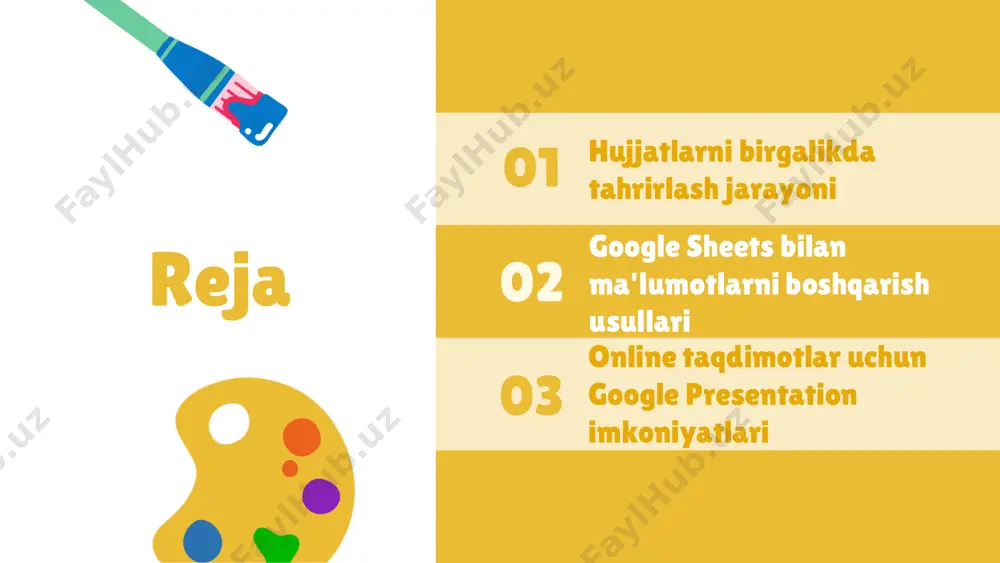 umot turini tanlang. - formulalar va funksiyalar: yana hisob- kitoblar uchun sum, average, va if kabi asosiy formulalarni ishlatish. - ma'lumotlarni tahlil qilish: diagrammalar va grafiklar yordamida ma'lumotlarni vizuallashtirish va tahlil qilish. - ma'lumotlarni himoyalash va ulashish: hujjatlarni xavfsiz saqlash va boshqa foydalanuvchilar bilan ulashish imkoniyatlari. photo by jaredd craig on unsplash https://unsplash.com/@jaredd?utm_source=ai_slide_maker&utm_medium=referral https://unsplash.com/photos/view-of-floating-open-book-from-stacked-books-in-library-hh4wbgnyltc?utm_source=ai_slide_maker&utm_medium=referral google sheets yordamida hamkorlik google sheets yordamida birgalikda ishlash imkoniyatlari: hujjatlarni bir vaqtning o'zida bir nechta foydalanuvchilar tahrirlashi mumkin. o'zgarishlarni kuzatish: kim nima o'zgartirganini ko'rish mumkin. izohlar va muloqot: foydalanuvchilar o'zaro fikr almashish imkoniyatiga ega. ma'lumotlarni eksport va import qilish: boshqa formatlarga o'tkazish. google sheets va boshqa google xizmatlari (docs, slides) bilan integratsiya qilish oson. photo by dillon wanner on unsplash https://unsplash.com/@dillydallying?utm_source=ai_slide_maker&utm_medium=referral https://unsplash.com/photos/a-man-is-cutting-a-piece-of-paper-with-scissors-hvcbct34su8?utm_source=ai_slide_maker&utm_medium=referral 1 2 google presentation imkoniyatlari google presentation yordamida taqdimot tayyorlash jarayoni: - oson va qulay interfeys. - taqdimotlar uchun ko'plab shablonlar va dizayn variantlari. - birgalikda ishlash va o'zgarishlarni real vaqtda ko'rish imkoniyati. …