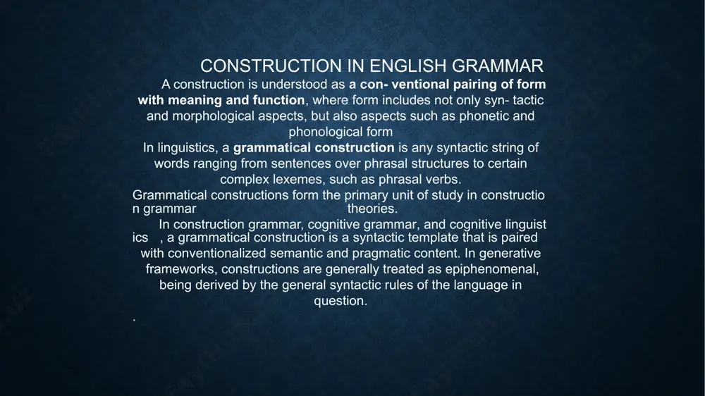 omatically constructed in a process which is comparable to natural selection in species[2][3][4][5] or the formation of natural constructions such as nests made by social insects.[6] constructions correspond to replicators or memes in memetics and other cultural replicator theories.[7][8][5][9] it is argued that construction grammar is not an original model of cultural evolution, but for essential part the same as memetics.[10] construction grammar is associated with concepts from cognitive linguistics that aim to show in various ways how human rational and creative behaviour is automatic and not planned.[11][6] a sentence is a collection of words that convey sense or meaning, and is formed according to the logic of grammar. the simplest sentence consists only of a noun and a verb. for example, in the sentence “mary walked”, mary is the naming noun and walked is the action verb. she likes bananas. they speak english at work. the train does not …