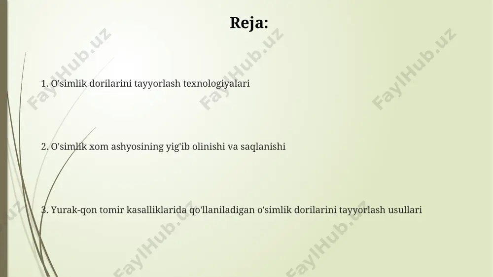 mlik xom ashyosini maydalash jarayoni, 3-5 mm gacha bo'lgan zarrachalar olish uchun amalga oshiriladi, bu ekstraksiya samaradorligini oshiradi. ekstraksiya jarayonida 70% li spirtli eritma yoki suvli-spirtli aralashma ishlatilib, 24 soat davomida perkolatsiya usuli qo'llaniladi. qaynatish usulida 1:5 nisbatda o'simlik xom ashyosi va suv ishlatiladi, qaynatish 30 daqiqa davom etadi va so'ngra filtrlanadi. tabletka va kapsulalar tayyorlash har bir tabletka yoki kapsulaga 100-200 mg faol modda qoʻshilishi mumkin, bu miqdor oʻsimlikning turi va kasallikning ogʻirligiga bogʻliq. tabletkalarni tayyorlashda granulalarni siqish bosimi 10-15 mpa oraligʻida boʻlishi kerak, bu esa tabletkalarning mustahkamligi va parchalanish vaqtini taʼminlaydi. kapsulalarni toʻldirishda changsimon oʻsimlik ekstraktlarining oʻrtacha zichligi 0,5-0,8 g/sm³ oraligʻida boʻlishi kerak, bu esa dozalash aniqligiga taʼsir qiladi. kelajakdagi istiqbollar va tadqiqotlar kelajakdagi tadqiqotlar yurak-qon tomir kasalliklarini davolashda samaraliroq bo'lgan 10 dan ortiq yangi o'simlik ekstraktlarini aniqlashga qaratilishi mumkin. bioaktiv birikmalarni aniqlash va ularning yurak-qon tomir tizimiga ta'sirini o'rganish bo'yicha kamida 5 yillik keng ko'lamli klinik sinovlar …