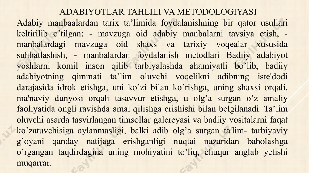 a'lumot olishga muyassar bo’ladi. badiiy adabiyot obrazlaridan foydalanish o’qituvchi bayoniing ko’rsatmaliligini ta'minlaydi, uni aniqlashtiradi, o’quvchilar o’tmish haqida jonli tasavvur hosil qiladi. badiiy adabiyotning roli bu bilan tugamaydi. ma'lum davrning ijtimoiy hodisalarini real aks ettiruvchi haqiqiy badiiy obraz, tipik obrazlar o’sha ijtimoiy hodisaning mohiyatini ifodalaydi. o’qituvchi bayonida badiiy adabiyotdan olingan namunalar bayonning emotsional bo’lishini ham ta'minlaydi, o’rganilayotgan tarixiy voqealarga nisbatan o’quvchilarda xayrixohlik, zavqlanish, afsuslanish kayfiyatlarini, nafrat yoki hayrat tuyg’ularini tug’diradi. tarix o’qitishda foydalaniladigan badiiy adabiyotlarni ikki guruhga bo’lish mumkin: -o’rganilayotgan davrning adabiy yodgorliklari; -tarixiy belletristik asarlar adabiy yodgorliklariga tarixiy hodisa va voqealarni o’z zamondoshlari yozib qoldirgan asarlar kiradi. bu guruhga kirgan asarlar tarix fani uchun o’tmishning o’ziga xos manbai bo’lib xizmat qiladi. badiiy adabiyot yodgorliklari yozib olingan og’zaki ijodiyot asarlarini: afsonalar, dostonlar, qo’shiqlar, masallar va boshqalarni o’z ichiga oladi. bunday asarlarning juda ko’pida voqelik qayta-qayta ishlangan, xalq fantaziyasi bilan boyitilgan va bezatilgan bo’ladi. voqelikni ob'ektiv suratda tasvir qilgan asarlar, yodgorliklar bizgacha …