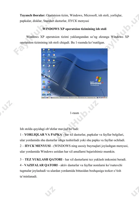 ochib beradi. bitta fayl yoki dastur bir nechta yorliqlarga ega bo’lishi mumkin. maxsus yoki ish stolninng asosiy papkalar - bu windows dastur ustidan har xil amallarni bajaruvchi maxsus dasturlarga yo’llanma. ular quyidagicha: мой компьютер - maxsus papka yordamida sizning kompyuteringizda joylashgan disklar, papkalar va ular ichidagi fayllarni ko’rish va ular bilan ishlash (har xil amallar bajarish) imkoniyat yaratadi. moи документы - maxsus papkada foydalanuvchi tomonidan ish jarayonida yaratilgan matn, rasm, jadval va boshqa fayllar saqlanadi. bu belgi yordamida esa shu papkaga tezkor o’tishimiz mumkin va ular bilan ishlash imkoniyat yaratiladi) сетевое окружение - maxsus papka yordamida sizning kompyuteringizga tarmoqga ulangan kompyuterlardagi fayl, papka va disklar bilan ishlash imkoniyat yaratadi. корзина - maxsus papkada siz tomoningizdan yaqinda uo’chirilgan fayl va papkalarni ro’yxati joylashadi. bu belgi yordamida esa shu papkaga tezkor o’tishingiz va ro’yxat yordamida ularni qayta joyiga tiklashingiz mumkin bo’ladi. internet explorer – brauzer yorlig’i internet tarmog’ida ishlash imkoniyatini yaratib beradi. …