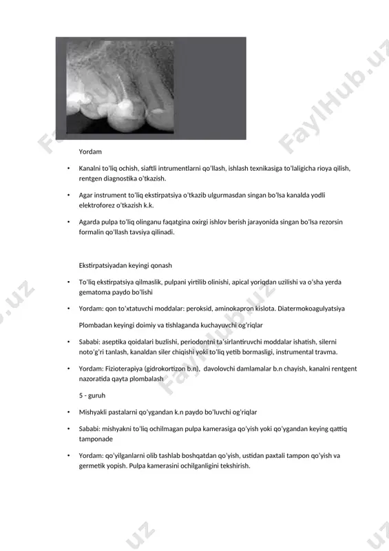 i tanlanishi, tish devorini sinishi oqibatida tushib ketishi. klinikio-rentgenologik tekshiruvlarni o’tkazish k.k. agarda boshqa tishlarda ham rentgen tekshiruvi natijasida shunaqa holat kuzatilishi m.nligi to’g’risida ma’lumot olinsa qayta plombalashni amalga oshirish k.k. · surunkali periodontitni rivojlanishi · uzoq vaqt simptomsiz kechishi m.n va rentgenologik tekshiruv natijasida aniqlanib qolishi m.n. undan tashqari organism himoya kuchlarini susayishi, ta’sirlantiruvchi faktorlarni ko’payishi oqibatida surnkalini qaytalanishi kuzatilishi m.n. bunda quyidagi rasmdagi holatlardan biri yuzaga chiqishi m.n · bunaqa holatlarda kompleks roentgen va endodotik amaliyotlar o’tlazilishi k.k. · davolashning qoidalariga to’liq amal qilinganda bu turdagi kasalliklardan k.n ham davolangan tishlar uzoq muddat xizmat qiladi image6.jpeg image7.jpeg image8.jpeg image9.jpeg image10.jpeg image1.jpeg image2.jpeg image3.jpeg image4.jpeg image5.jpeg