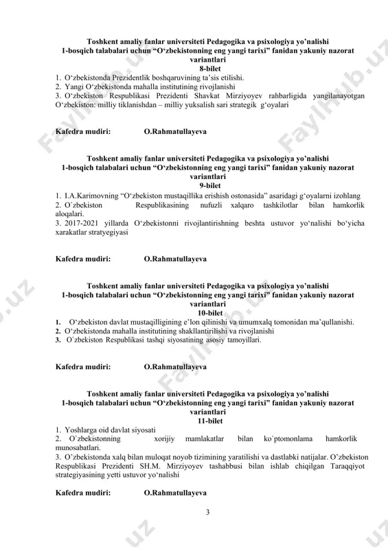 uksalish sari strategik g‘oyalari kafedra mudiri: o.rahmatullayeva toshkent amaliy fanlar universiteti pedagogika va psixologiya yo’nalishi 1-bosqich talabalari uchun “o‘zbekistonning eng yangi tarixi” fanidan yakuniy nazorat variantlari 9-bilet 1. i.a.karimovning “o‘zbekiston mustaqillika erishish ostonasida” asaridagi g‘oyalarni izohlang 1. o`zbekiston respublikasining nufuzli xalqaro tashkilotlar bilan hamkorlik aloqalari. 1. 2017-2021 yillarda o‘zbekistonni rivojlantirishning beshta ustuvor yo‘nalishi bo‘yicha xarakatlar stratyegiyasi kafedra mudiri: o.rahmatullayeva toshkent amaliy fanlar universiteti pedagogika va psixologiya yo’nalishi 1-bosqich talabalari uchun “o‘zbekistonning eng yangi tarixi” fanidan yakuniy nazorat variantlari 10-bilet 1. o‘zbekiston davlat mustaqilligining e’lon qilinishi va umumxalq tomonidan ma’qullanishi. 2. o‘zbekistonda mahalla institutining shakllantirilishi va rivojlanishi 3. o`zbekiston respublikasi tashqi siyosatining asosiy tamoyillari. kafedra mudiri: o.rahmatullayeva toshkent amaliy fanlar universiteti pedagogika va psixologiya yo’nalishi 1-bosqich talabalari uchun “o‘zbekistonning eng yangi tarixi” fanidan yakuniy nazorat variantlari 11-bilet 1. yoshlarga oid davlat siyosati 1. o`zbekistonning xorijiy mamlakatlar bilan ko`ptomonlama hamkorlik munosabatlari. 1. o’zbekistonda xalq bilan muloqat noyob tizimining yaratilishi va dastlabki natijalar. …