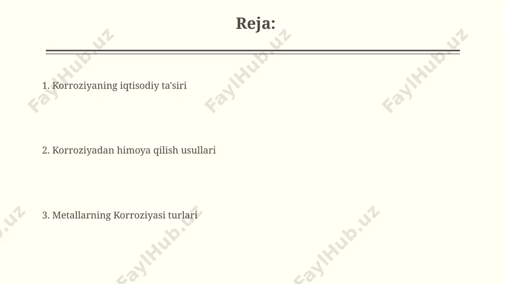 , bu esa atrof-muhitga ham salbiy ta'sir ko'rsatadi. korroziyaga qarshi himoya usullari korroziyaga qarshi himoya usullaridan biri sifatida, 304 markali zanglamaydigan po'latdan yasalgan quvurlarni, masalan, toshkentdagi suv ta'minoti tizimlarida qo'llash orqali korroziya jarayonini 90% ga kamaytirish mumkin. alyuminiy oksidi qatlami hosil bo'lishini ta'minlash orqali, alyuminiy va uning qotishmalarini, 20 dan ortiq turdagi korroziya omillaridan himoya qilish mumkin; bu usul dunyoning ko'plab mamlakatlarida, jumladan, germaniyada keng qo'llaniladi. metallarning korroziyaga chidamliligini oshirish metallarning korroziyaga chidamliligini 300°c gacha bo'lgan yuqori haroratlarda ishlatiladigan alyuminiy qotishmalari, masalan, 2024-sonli qotishma, sirtni anodizatsiya qilish orqali sezilarli darajada oshirish mumkin. dengiz suvi muhitida ishlatiladigan temir konstruktsiyalarining xizmat muddatini uzaytirish uchun 12% xromli zanglamaydigan po'latlar qo'llanilishi, korroziya tezligini 80% gacha kamaytiradi. korroziyaning sabablari va mexanizmlari dengiz suvi, tuz miqdori yuqori bo'lganligi sababli (taxminan 35 g/l), metallarning korroziyasini 10 barobar tezlashtiradi, ayniqsa, dengiz sohillaridagi inshootlar va kemalarda bu jarayon 2-3 marta tezlashadi. yuqori haroratlarda, masalan, 500°c dan yuqori, metallarning oksidlanishi …