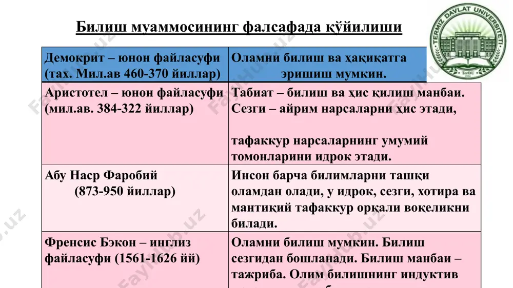анган моддий ёки маънавий дунё ҳодисаси, бирон-бир ҳодиса, хосса ёки муносабатни қайд этиш 20 мантиқий билим ва унинг асосий шакллари тафаккур - (араб. фикрлаш, ақлий билиш) предмет ва ҳодисаларнинг умумий, муҳим хусусиятларини аниқлайдиган ва қонуний боғланишларини акс эттирадиган билишнинг рационал босқичи. тушунча – нарсалар ва ҳодисаларнинг умумий, муҳим белгиларини акс этирувчи тафаккур шаклидир мулоҳаза – предметга маълум бир белгининг (хоссанинг, муносабатнинг) хослиги ёки хос эмаслигини ифодаловчи тафаккур шаклидир. хулоса – бир ва ундан ортиқ чин мулоҳазалардан маълум бир қоидалар ёрдамида янги билимларни келтириб чиқаришдан иборат бўлган тафаккур шакли 20 21 гипотеза – янги далилларнинг моҳиятини тушунтирувчи қонун мавжудлиги ҳақидаги асосли тахминдир. назария – ҳодисаларнинг муайян туркуми, бу туркумдаги ҳодисаларнинг моҳияти ва уларга нисбатан амал қиладиган борлиқ қонунлари ҳақидаги билимларнинг мантиқий асосланган ва амалиёт синовидан ўтган тизимидир. категориялар – борлиқнинг энг муҳим томонлари, хоссалари ва муносабатларини акс эттирувчи умумий тушунчалардир. фан категорияларига ҳам шундай таъриф бериш мумкин. парадигма – фан ривожланишини …