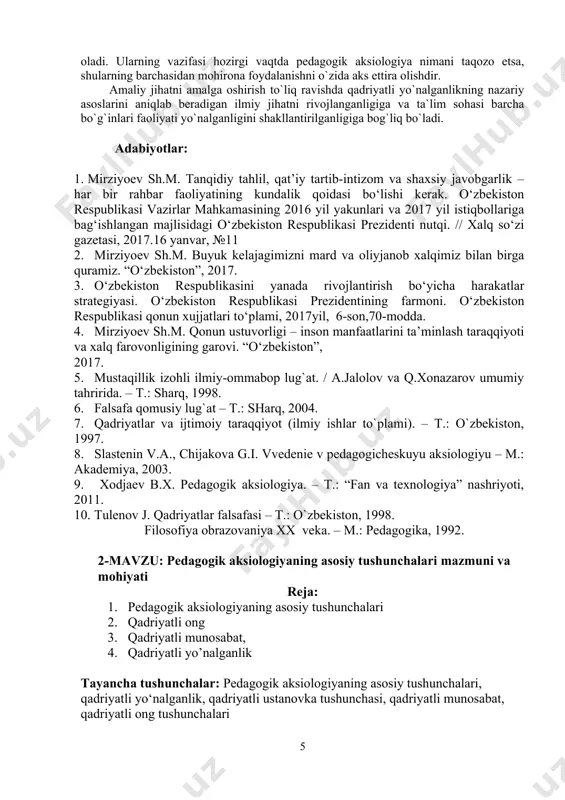 a rivojlantirish bo‘yicha harakatlar strategiyasi. o‘zbekiston respublikasi prezidentining farmoni. o‘zbekiston respublikasi qonun xujjatlari to‘plami, 2017yil, 6-son,70-modda. 4. mirziyoev sh.m. qonun ustuvorligi – inson manfaatlarini ta’minlash taraqqiyoti va xalq farovonligining garovi. “o‘zbekiston”, 2017. 5. mustaqillik izohli ilmiy-ommabop lug`at. / a.jalolov va q.xonazarov umumiy tahririda. – t.: sharq, 1998. 6. falsafa qomusiy lug`at – t.: sharq, 2004. 7. qadriyatlar va ijtimoiy taraqqiyot (ilmiy ishlar to`plami). – t.: o`zbekiston, 1997. 8. slastenin v.a., chijakova g.i. vvedenie v pedagogicheskuyu aksiologiyu – m.: akademiya, 2003. 9. xodjaev b.x. pedagogik aksiologiya. – t.: “fan va texnologiya” nashriyoti, 2011. 10. tulenov j. qadriyatlar falsafasi – t.: o`zbekiston, 1998. filosofiya obrazovaniya xx veka. – m.: pedagogika, 1992. 2-mavzu: pedagogik aksiologiyaning asosiy tushunchalari mazmuni va mohiyati reja: 1. pеdаgоgik аksiоlоgiyaning аsоsiy tushunchаlаri 2. qadriyatli ong 3. qadriyatli munosabat, 4. qadriyatli yo’nalganlik tayancha tushunchalar: pеdаgоgik аksiоlоgiyaning аsоsiy tushunchаlаri, qadriyatli yo‘nalganlik, qadriyatli ustanovka tushunchasi, qadriyatli munosabat, qadriyatli ong tushunchalari pedagogik aksiologiyaning …