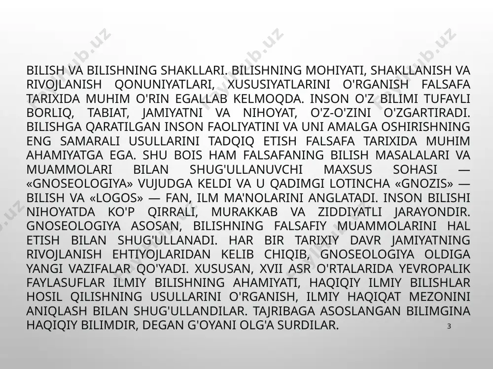 cha mushkuldir. hozirgi zamon g'arb sotsiologiyasida xalqlarning kundalik bilim hosil qilish usullafini o'rganuvchi maxsus soha — etnometodologiya fani vujudga keldi. gnoseologiya asosan nazariy bilish va uning rivojlanish xususiyatlarini o'rganish bilan shug'ullanadi. 8 nazariy bilishning obyekti, subyekti va predmetini bir-biridan farqlash muhim. bilish obyekti. tadqiqotchi-olim, faylasuf, san'atkor va boshqalarning, umuman insonning bilimlar hosil qilish uchun ilmiy faoliyati qaratilgan narsa, hodisa, jarayon, munosabatlar bilish obyektlari hisoblanadi. 9 ilmiy faoliyat tabiat va jamiyat mohiyatini bilishgagina emas, balki insonning o'ziga ham qaratilishi mumkin. inson va butun insoniyat ayni bir vaqtda ham bilish obyekti, ham bilish subyekti sifatida namoyon bo'ladi. bilishning maqsadi ilmiy bilimlar hosil qilishdangina iborat emas, balki bilish jarayonida hosil qilingan bilimlar vositasida insonning barkamolligiga intilish, tabiat va jamiyatni insoniylashtirish, tabiiy va ijtimoiy garmoniyaga erishishdir., ya’ni eng oliy tirik mavjudotdir. foydalanilgan adabiyotlar 10 “ falsafa asoslari“ nazarov q. toshkent 2005 ;2012 ; 2017 . shermuhammedova nigina “ falsafa o’quv uslubiy majmua “ toshkent …
