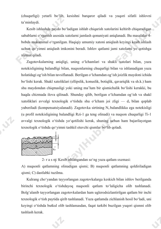 andan keyingi diametr d1, bu surilishni hisobga olganda quyidagicha bo‘ladi: d1=d0+2ra. shunday qilib, bajarilayotgan texnologik o‘tish (teshikni kengaytirish)ga beriladigan qo‘yimning bir qismi ichki va tashqi yuzalar bir o‘qda yotmasligini tuzatib ketadi va 2ra ga teng bo‘ladi. kesib ishlashning oraliq qo‘yimini aniqlashda bajarilayotgan texnologik o‘tishdagi o‘rnatish xatosi eo‘ ni ham hisobga olinadi. u asoslash (bazalash) xatosi eb va qotirish hatosi eq lardan tashkil topadi. o‘rnatish xatosi ishlov beriladigan yuzaning nazariy holatdan og‘ishi bilan tavsif lanadi. qo‘yimni hisoblashda asoslash xatosi ishlanadigan yuzaning jami surilishi bilan aniqlanadi. surilishlar sababi quyidagilardan iborat: o‘rnatuvc hi va o‘lchanuvchi asoslarning mos tushmasligi, o‘rnatuvchi asos bilan moslama-ning o‘rnatuvchi elementlari o‘rtasida qolib ketadigan tirqishlar. bularni zagotovkaning tashqi yuzasiga ishlov berish misolida tushuntiramiz. zagotovka qattiq (bikir) qisqichga ko‘ndalang yuzasi (bir uchi) bilan qotirilgan va ma’lum darajada tirqishga ega (3-rasm). bunda asoslash xatosi sozlangan stanokda ishlangan zagotovka yuzasining mazkur texnologik o‘tishdagi eng katta va eng kichik og‘ishlari farqi bilan o‘lchanadi. sxemada …