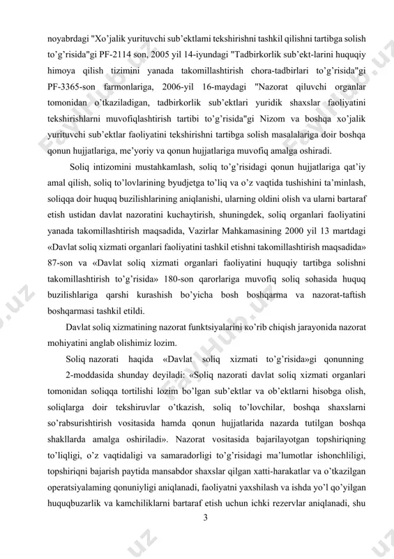 ati davlat soliq xizmati organlari tomonidan soliqqa tortilishi lozim bo’lgan sub’ektlar va ob’ektlarni hisobga olish, soliqlarga doir tekshiruvlar o’tkazish, soliq to’lovchilar, boshqa shaxslarni so’rabsurishtirish vositasida hamda qonun hujjatlarida nazarda tutilgan boshqa shakllarda amalga oshiriladi». nazorat vositasida bajarilayotgan topshiriqning to’liqligi, o’z vaqtidaligi va samaradorligi to’g’risidagi ma’lumotlar ishonchliligi, topshiriqni bajarish paytida mansabdor shaxslar qilgan xatti-harakatlar va o’tkazilgan operatsiyalaming qonuniyligi aniqlanadi, faoliyatni yaxshilash va ishda yo’l qo’yilgan huquqbuzarlik va kamchiliklarni bartaraf etish uchun ichki rezervlar aniqlanadi, shu jumladan, qonunlarni buzganligi, ishda palapartishlikka yo’l qo’ygani uchun tegishli mansabdor shaxslar javobgarlikka tortiladi. davlat soliq xizmati organi tomonidan soliq to’lovchi to’g’risidagi olingan har qanday ma’lumot soliq siri hisoblanadi. quyidagi ma’lumotlar esa soliq siri hisoblanmaydi: 1) soliq to’lovchi tomonidan mustaqil yoki uning yozma roziligi bilan ruxsat berilgan; 2) soliq to’lovchining identifikatsiya raqami to’g’risidagi; 3) yuridik shaxsning ustav kapitali to’g’risidagi; 4) soliq huquqbuzarliklari va unga nisbatan ko’rilgan javob-garlik choralari to’g’risidagi; 5) o’zbekiston respublikasi xalqaro shartnomalariga asosan boshqa davlatlaming …