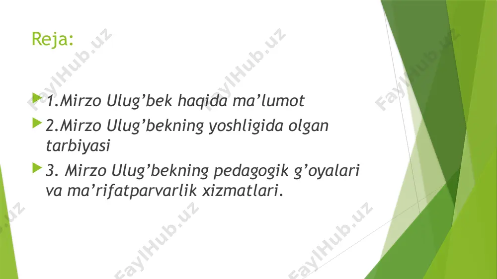ni mutolaa qilgan bo’lib, u ayniqsa, matematika, astronomiya ilmlariga qiziqdi. u bobosining xos munajjimi mavlono badriddin bilan ko’p vaqtini o’tkazar, undan hisob va taqvimdan dars olar, ba’zi kechalari, qor tinib osmon yorishgan paytlarida yulduzlarning o’rni va harakatini kuzatish bilan mashg’ul bo’lar edi. taniqli olim bo’riboy ahmedovning ma’lumotlariga ko’ra, mavlono badriddin samarqandda bo’lgan vaqtda ulug’bekni qo’ksaroydagi xos kutubxonasiga boshlab borib, kutubxonaga yangi kelib tushgan abulqosim firdavsiyning «shohnoma»sini ko’rsatadi. shu erda mavlono badriddin ulug’bekka alloma al-farg’oniy tarafidan bitilgan «kitob fi javome’ ilm an-nujum va usul al harakat as-samoviya» («yulduzlar haqidagi ilm bilan osmon yoritgichlari harakatining asosini (bir-biriga), qo’shuvchi kitob»)ni ko’rsatadilar. 1411yilda 17yoshli ulug’bek mirzo movarounnahr va turkistonning hokimi etib tayinlanishi temuriylar xonadonida uning mavqei naqadar yuksak ekanligidan dalolat beradi. ulug’bek hokim bo’lgach, bobosidan farqli o’laroq harbiy yurishlar bilan kiziqmadi. aksincha, u o’rta asrlardagi boshqa xokimlardan o’zgacha yo’l tutdi, ko’proq ilm-fanga moyil edi. lekin, afsuski, ulug’bekning boshlang’ich ma’lumoti va murabbiy hamda ustozlari haqida …