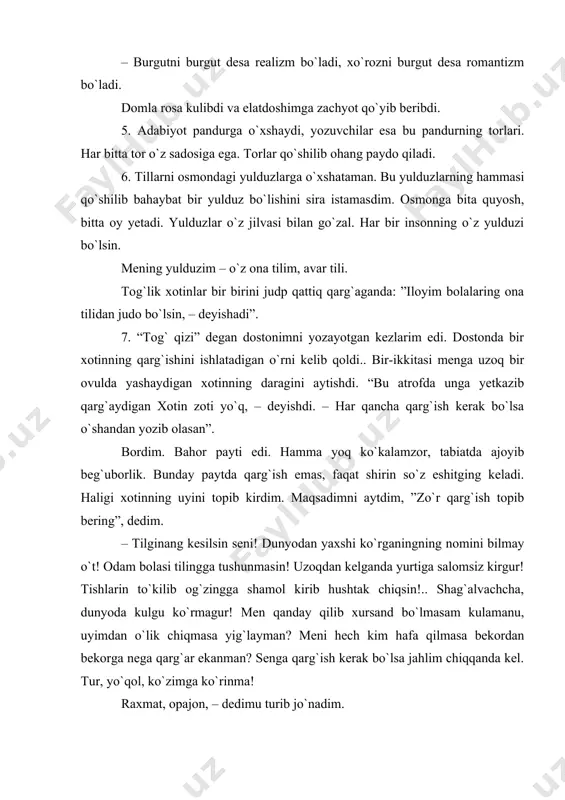 t qo`yib beribdi. 5. adabiyot pandurga o`xshaydi, yozuvchilar esa bu pandurning torlari. har bitta tor o`z sadosiga ega. torlar qo`shilib ohang paydo qiladi. 6. tillarni osmondagi yulduzlarga o`xshataman. bu yulduzlarning hammasi qo`shilib bahaybat bir yulduz bo`lishini sira istamasdim. osmonga bita quyosh, bitta oy yetadi. yulduzlar o`z jilvasi bilan go`zal. har bir insonning o`z yulduzi bo`lsin. mening yulduzim – o`z ona tilim, avar tili. tog`lik xotinlar bir birini judp qattiq qarg`aganda: ”iloyim bolalaring ona tilidan judo bo`lsin, – deyishadi”. 7. “tog` qizi” degan dostonimni yozayotgan kezlarim edi. dostonda bir xotinning qarg`ishini ishlatadigan o`rni kelib qoldi.. bir-ikkitasi menga uzoq bir ovulda yashaydigan xotinning daragini aytishdi. “bu atrofda unga yetkazib qarg`aydigan xotin zoti yo`q, – deyishdi. – har qancha qarg`ish kerak bo`lsa o`shandan yozib olasan”. bordim. bahor payti edi. hamma yoq ko`kalamzor, tabiatda ajoyib beg`uborlik. bunday paytda qarg`ish emas, faqat shirin so`z eshitging keladi. haligi xotinning uyini topib kirdim. maqsadimni aytdim, ”zo`r qarg`ish …