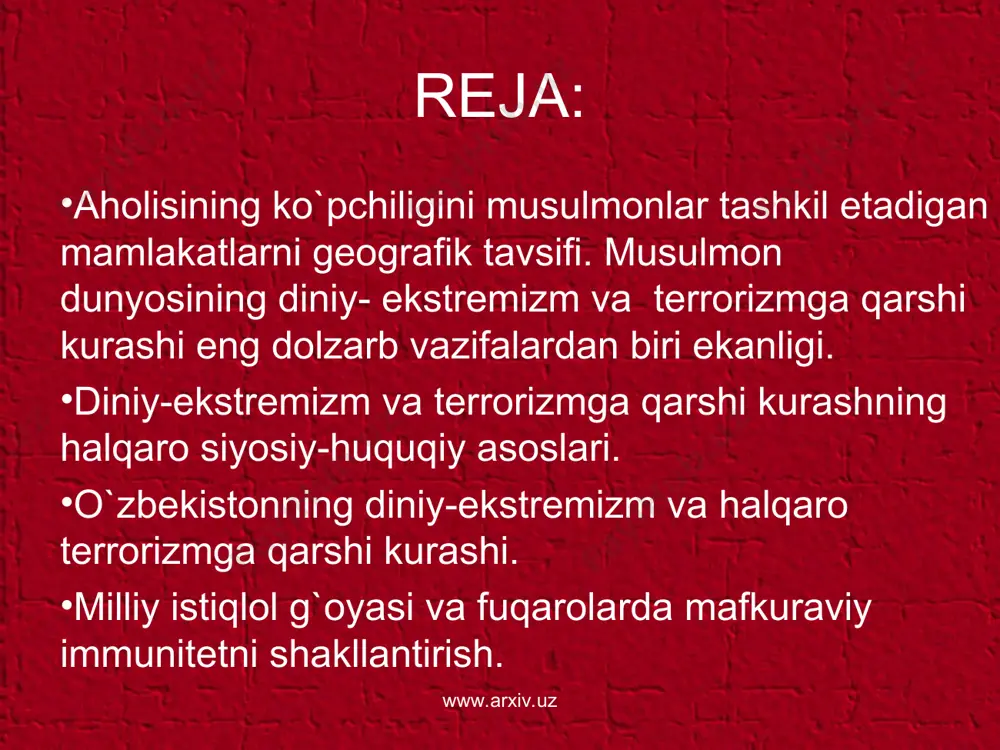 iga kiruvchi davlatlar soni kundan-kunga ko`paymoqda. xususan, uning tarkibida italiya, ispaniya, aqsh, angliya, shveytsariya, turkiya, rossiya va boshqa ko`plab mamlakatlar bor. nyu-york shahrida bmt bosh assambleyasining navbatdagi sessiyasida ham asosiy masalalar orasida terrorizm muammosi ko`rib chiqildi va unda terrorizmni qoralovchi halqaro qarorlar qabul qilindi. unda o`zbekiston tashqi ishlar vazirligi bevosita qatnashdi. bundan tashqari, bmt ning bosh qarorgohida 6+2 guruhiga a`zo bo`lgan afg`onistonga chegaradosh davlatlar va rossiya, aqsh tashqi ishlar vazirlari uchrashuvlarida muhokama qilinib, hamkorlikda terrorizmga qarshi kurashish haqida siyosiy-hukukiy hujjatlar qabul qilindi www.arxiv.uz www.arxiv.uz www.arxiv.uz www.arxiv.uz «hozirgi vaqtda terrorizmning tajovuzidan o`zini holi xis qiladigan birorta qit`a yoki davlatning o`zi yo`q. xuddi vabo singari yer yuzining ko`plab mamlakatlariga yoyilib borayotgan bu balo-qazo ertaga kimni nishonga olishini oldindan aytish qiyin», - deb ta`kidlaydi. i. karimov o`zining «vatanimizning tinchligi va havfsizligi o`z kuch qudratimizga, xalqimizning hamjihatligi va bukilmas irodasiga bog`liq» nomli ma`ro`zasida. yurtboshimiz davrimiz vabosi bo`lgan terrorizmga qarshi kurashda halqaro hamjamiyatni jipslashtirishning ahamiyatini …