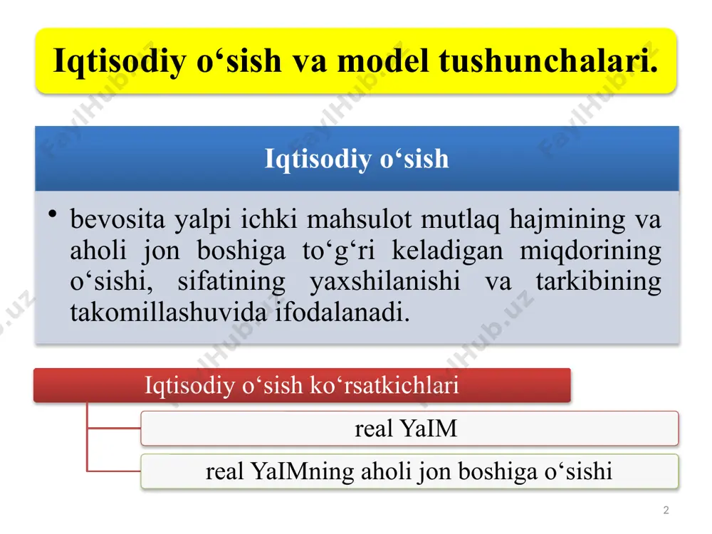 padi: bu yerda: o’s – iqtisodiy o‘sish sur’ati, foizda; 〖𝑌𝑎𝐼𝑀〗_(𝑏𝑎𝑧𝑖𝑠 𝑑𝑎𝑣𝑟) – taqqoslanayotgan davr (yil)dagi real yaim hajmi; 〖𝑌𝑎𝐼𝑀〗_(𝑗𝑜𝑟𝑖𝑦 𝑑𝑎𝑣𝑟) – joriy davr (yil)dagi real yaim hajmi. k t = 70 8 bu yerda t yaimni 2 baravarga oshirish uchun talab qilinadigan vaqt k iqtisodiy o‘sish sur’ati «70 miqdori qoidasi» xolbuki, iqtisodiy o‘sishning 2000 yildagi 4,0% darajasida bu ko‘rsatkichga 17,5 yilda (70:4) erishish mumkin edi. 9 2- rasm. o‘zbekistonda yalpi ichki mahsulotning yillar davomida o‘sish dinamikasi, foizda manba: o‘zbekiston respublikasi davlat statistika qo‘mitasi ma’lumotlari. 10 iqtisodiy o’sish turlari 10 ekstensiv iqtisodiy o‘sishga ishlab chiqarishning avvalgi texnikaviy asosi saqlanib qolgan holda ishlab chiqarish omillari miqdorining ko‘payishi tufayli erishiladi. iqtisodiy o‘sishning intensiv turi sharoitida mahsulot ishlab chiqarish miqyoslarini kengaytirishga ishlab chiqarish omillarini sifat jihatidan takomillashtirish, yanada ilg‘or ishlab chiqarish vositalarini va yangi texnikani qo’llash, ishchi kuchi malakasini oshirish, shuningdek, mavjud ishlab chiqarish potensialidan yaxshiroq foydalanish yo‘li bilan erishiladi. 11 iqtisodiy o‘sishning taklif …