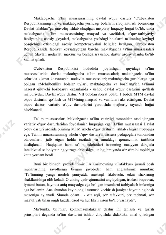 adi. bu didaktikada bola ta'lim va tarbiya olish jarayonida kamol topadi degan qoidaning qaror topishi barcha yosh davrlaridagi bolalarga mo'ljallangan bilimlar mazmunini tanlash prinsiplarini ishlab chiqishni dolzarb muammo qilib qo'ydi. innovatsion texnologiyalar jadallik bilan rivojlanib borayotgan bugungi davrda, ushbu texnologiyalar maktabgacha ta’limda ham ustuvor ahamiyat kasb etmoqda. ayniqsa yurtimizda keyingi yillarda ko’plab izlanishlar natijasi sifatida yangicha yondashuvdagi ta’limiy faoliyatlar amaliyotga tadbiq etilmoqda. chunki innovatsion texnologiyalar ta’lim samaradorligini ta’minlabgina qolmay, bolalarda tarbiyaviy ta’sir ko’rsatishda ham beqiyos o’rinni egallaydi. zero, yurtboshimiz sh. mirziyoyev aytganlaridek: “bugun biz davlat va jamiyat hayotining barcha sohalarini tubdan yangilashga qaratilgan innovatsion rivojlanish yo’liga o’tmoqdamiz. bu bejizga emas, albatta. chunki zamon shiddat bilan rivojlanib borayotgan hozirgi davrda kim yutadi? yangi fikr, yangi g’oyaga, innovatsiyaga tayangan davlat yutadi. i bob. tarbiyachining innovatsion faoliyatga tayyorlashning didaktik komponentlari innovatsiya – bu kelajak degani. biz buyuk kelajagimizni barpo etishni bugundan boshlaydigan bo’lsak, uni aynan innovatsion g’oyalar, innovatsion yondashuv asosida boshlashimiz kerak”. o‘quvchi-bolalаrning …