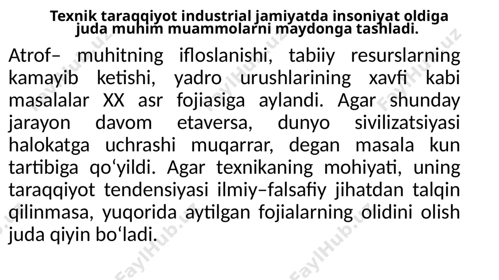 tashkilotlarga aylangan. rim klubining ma’ruzasi dunyodagi yirik olimlarning ilmiy izlanishlariga suyangan va ayniqsa, massachuset (aqsh) texnalogik institutida d.medouz rahbarligi ostida yaratilgan “insoniyatning murakkab xolati” (slojnoe polojenie chelovechestva) loyihaga asoslangan edi. bu ma’ruzada insoniyat kelajagi haqidagi masala an’anaviy fikrlardan voz kechgan hamda masalani yangicha qo‘yganlar. d. medouz va uning safdoshlari bundan chorak asrdan oldinroq “insoniyat fojia tomon ketmoqda, uni xal qilish chorasini topish kerak” deb aytganlar. ularning fikricha, ishlab chiqarishni ma’lum miqdorda chegaralash kerak, aks xolda kelgusi avlodga “obod va ozod vatan” qolmaydi. fransuz sotsiologi j.ellyul “boshqa inqilob” degan asarida texnikani inson aqliy faoliyati doirasiga kiritar ekan, bunda u dunyoni umumiy ratsionallashtirish bilan bog‘laydi. demak, inson aqliy faoliyati texnikani yaratibgina qolmay, uning ustidan nazorat qilish qudratiga ham ega. texnika insonni o‘rab olgan muhitga aylanib bormoqda, tabiatni yaroqsiz, ikkinchi darajali qilib qo‘ydi. texnokratik nazariyalar va ularning mohiyati. xx asr o‘rtalarida fan va texnikaning og‘ir kechishi umumiy tus ola boshlagan bir paytda shu …