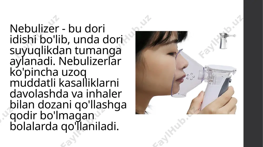 i va tovush to'lqinlarini hosil qiladi, bu esa dorining aerozollanishiga olib keladi. elektr nebulizer kichik o'lchamlari tufayli juda jim va qulay qurilma. ushbu nebulizerning kamchiliklari uning yuqori narxi va u orqali ba'zi dori-darmonlarni qabul qilishning cheklanishidir nebulizerning oxirgi turi membrana nebulizer yuqori samaradorlik va yuqori narx bilan ajralib turadi, uning ta'siri tufayli preparat nafas olish yo'llarining qiyin bo'lgan joylariga boradi. uyda eng ko'p ishlatiladigan nebulizer pnevmatik nebulizer bo'lib, uning ko'p qirraliligi va uni turli infektsiyalarni davolashda va ko'plab turli dorivor preparatlarni qo'llashda ishlatiladi. nebulizatsiya qilish uchun turli xil dorilar qo'llaniladi, lekin ko'pincha ularning har birining vazifasi nafas olish tizimining faoliyatini yaxshilashdir. nebulizer bilan qo'llaniladigan dorilarga quyidagilar kiradi: antibiotiklar guruhidan dorilar, ayniqsa aminoglikozidlar, karbenitsillin, kolistin, seftazidim, vankomitsin, amfoterisin b; glyukokortikoidlar; nafas yo'llari va bronxlarni kengaytirish uchun preparatlar; mukusning viskozitesini suyultiruvchi va kamaytiradigan mukolitik preparatlar; natriy ionlarining transmembran transportini inhibe qiluvchi dorilar; nafas yo'llarini namlash va infektsiya paytida sho'r suv; yod-brom sho'rlari. …