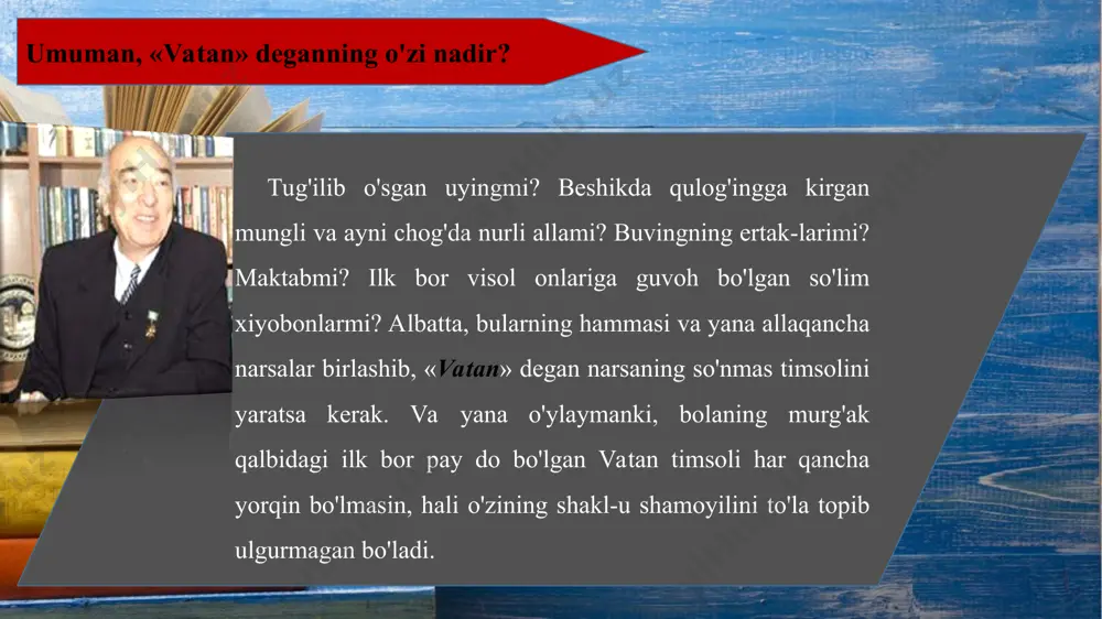 qiladi. qizig'i shun-daki, vatan o'z farzandlaridan har oyda, har haftada, har soat, har soniyada jon fido qilishni talab qilmaydi. vatan yo'lida sodir bo'ladigan bunday fidokorlik eng yuksak, eng oliy fidokorlik bo'lib, u favqulodda hollarda ro'y be-radi. lekin vatan sevgisi odamdan bir qarashda mahobatli ko'rinmaydigan, insonning oddiy faoliyatidan kam farq qiladigan, aslida esa, juda mashaqqatli mehnatdan iborat bo'lgan kundalik jasoratni talab qiladi... sezib turibman — shu o'rinda bir tabiiy savol tug'ilishi mumkin — maqolada vatan sevgisi og'izda emas, amalda, ishda namoyon bo'lmog'i kerak, degan gap ko'p aytilyap-ti. yaxshi, lekin dushman qo'shinini sahroga olib borib adashtirib kelishga har kuni ham imkoniyat topilavermay-di-ku? yoxud bugungi kunda jadidchilik faoliyati bilan shug'ullanish juda ham joiz bo'lmasa kerak. xo'sh, bu­gungi oddiy odam nima qilmog'i, vatanga muhabbatini qanday namoyon etmog'i kerak? axir, tarixda qilingan ulug' jasoratlarni hamma ham har kuni qilavermaydi-ku? menimcha, vatan yo'lida bir ishni qilishni istagan odam awalo tarixga kirish haqidagi o'ylarni bir chekkaga yig'ishtirib …