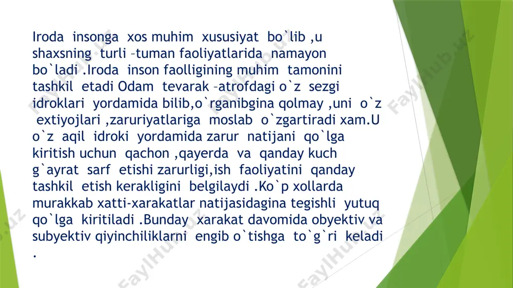 da emas, balki ularning birgalikdagi faoliyati tufayli xosil bo`ladi. insonning istalgan bir xarakatida bir gurux muskullar albatta ishtirok etadi. bosh miya yarim sharlarida xarakatlarni boshqaruvchi maxsus uchastka bor. bu yerdan tanamizning barcha qismlariga nerv tolalari ketgan bo`ladi. bu markaz teskari aloqa usulida ishlaydi va xarakatlarimizni boshqarib, tartibga solib turadi. bordiyu xarakat markazi ishdan chiqsa, odamning xarakatlari xam bir-biri bilan uyg`unlashmaydi, izdan chiqadi, qilmokchi bo`lgan ish-xarakatlarni odam tug`ri bajara olmaydi. . buni spirtli ichimlik iste’mol qilgan kishi xarakatida ko`rish mumkin. irodaning nerv-fiziologik mexanizimi sifatida bosh miya katta yarim sharlari pustining shartli reflekslar xosil kilishdan iborat bo`lgan faoliyatini xam ko`rsatish mumkin. demak, irodaviy xarakatlarning mexanizmini bosh miyadagi xarakat markazi faoliyati, suyak-muskul sisitemasining faoliyati, shartli reflekslar va ikkinchi signallar sistemasi tashkil etadi. iroda akti va uning strukturasi. irodaviy xarakatlarning dastlabki boshlang`ich nuqtasi xarakat maqsadining vujudga kelishi va shu maqsadning o`rtaga qo`yilishidir. maqsad - kishining shu paytda kerakli va zarur deb topgan ish- xarakatlarini …