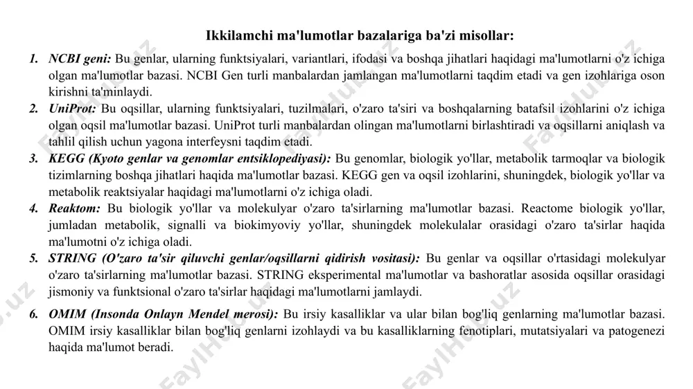 oshqa vositalar va dasturlar bilan birlashtirilgan. masalan, genomik ma’lumotlarni vizualizatsiya vositalari bilan birlashtirish tadqiqotchilarga genomlarning qiyosiy tahlillarini oʻtkazish va genetik oʻzgarishlarni aniqlash imkonini beradi. jamoat resurslari va hamkorlikda foydalanish: koʻpgina ma’lumotlar bazalari ncbi, embl va boshqalar kabi global tashkilotlar tomonidan ommaga taqdim etiladi va ularga xizmat koʻrsatadi. bu butun dunyo boʻylab tadqiqotchilarga turli tadqiqot loyihalari uchun bir xil ma’lumotlardan foydalanish imkonini beradi. biomedikal tadqiqotlarning rivojlanishi: ma’lumotlar bazalari va bioinformatika resurslari orqali tadqiqotchilar biologik ma’lumotlarni yanada samaraliroq tahlil qilishlari, yangi genlar va oqsillarni aniqlashlari, genetik variantlarni aniqlashlari va kasallik mexanizmlarini tushunishlari va yangi diagnostika va davolash usullarini ishlab chiqishlari mumkin. /docprops/thumbnail.jpeg