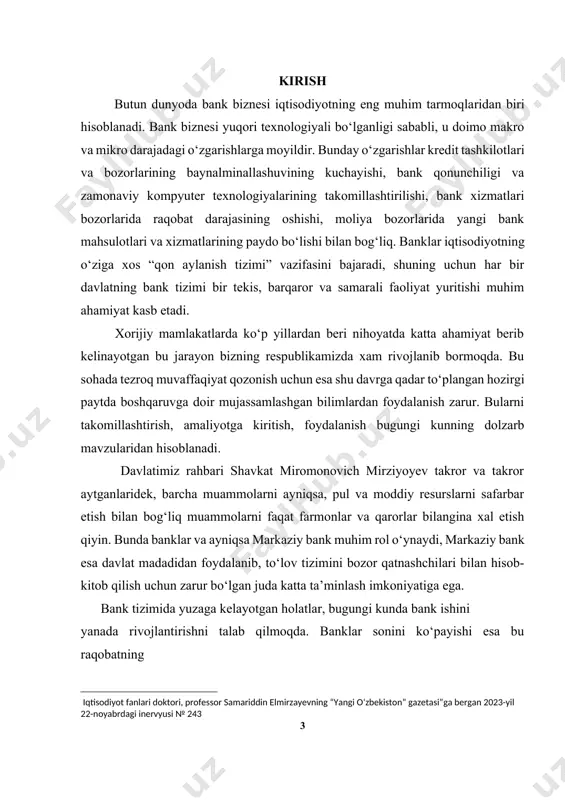 oblanadi. shunga qaramasdan, hozirgi kunda banklarda bozor talablariga mos keluvchi xizmat turlarini tatbiq qilish, mijozlarning talab va takliflarini hisobga olish, ularga xizmat ko‘rsatishning yangi usullarini joriy etish, yangi kredit vositalarini qo‘llash, turli kredit institutlarini tashkil etish bilan bog‘liq islohotlarni yanada jadallashtirish zarurligini yuzaga keltirmoqda. xususan, mamlakatimizda bugungi kunda faoliyat yuritayotgan 36 ta tijorat banklarining[footnoteref:1] bajarayotgan operatsiyalari va ko‘rsatayotgan xizmat turlari hamda ajratayotgan kreditlari iqtisodiyotni rivojlantirishda muhim o‘rin tutadi. bu esa o‘z navbatida, iqtisodiyot tarmoqlarni rivojlantirishda bank tizimi asosiy bo‘g‘in ekanligidan dalolat beradi. [1: o’r markaziy bank sayti ma]lumoti; https://cbu.uz/oz/credit-organizations/banks/head-offices/] i. bob. markaziy banklarning paydo bo’lishi va shakillanishi 1.1. markaziy banklarning paydo bo’lishi markaziy bank-kredit tizimining bosh banki bo‘lib, mamlakatda pul-kredit siyosatini, emissiya jarayonlarini olib boradi. birinchi markaziy banklar bundan qariyb uch yuz yil oldin tijorat banklarining rivojlanishi natijasida vujudga kelgan. bular 1668 yilda tashkil qilingan qshved riks jiro banki, 1694 yilda tashkil qilingan angliya banklaridir. yevropa mamlakatlarida markaziy banklar ancha …