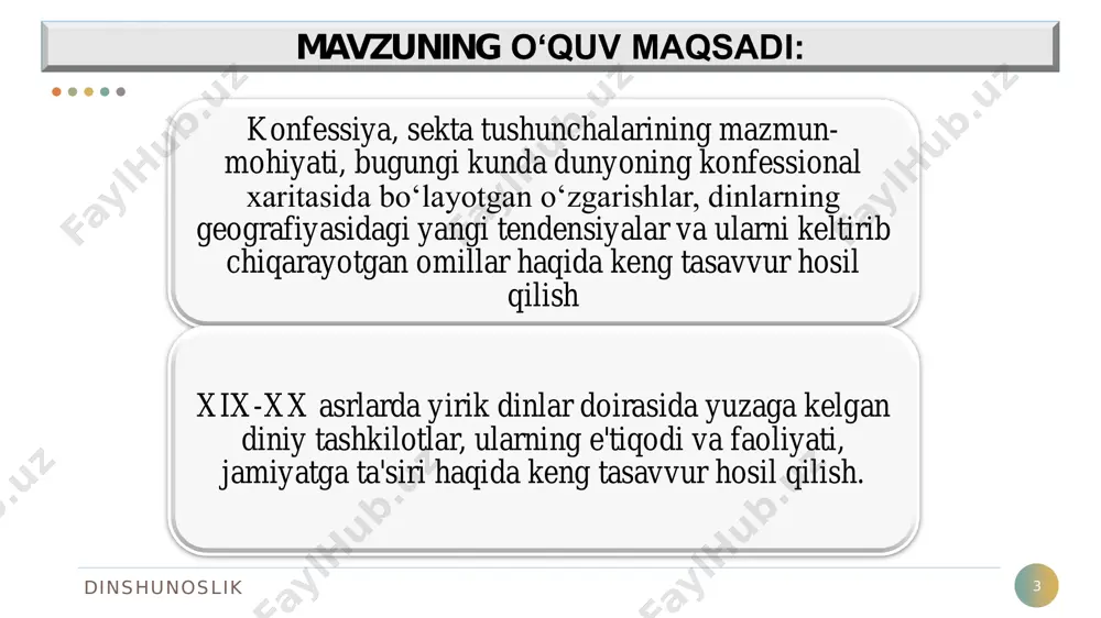 lashtirish cherkovi», «vissarion oxirgi ahdi cherkovi», «oq birodarlar»; sayentologik kultlar – «xristian ilmi», «ron xabbard sayentologiya markazi», «kloneyd», «oq ekologlar» harakati; dinshunoslik sektalar 11 “sekta”so‘zi, eng umumiy ma'noda, muayyan diniy, siyosiy yoki falsafiy qarashlarga ergashuvchilar guruhini anglatadi. “diniy sekta” deganda ma'lum bir dindagi rasmiy aqidalarga zid ravishda ajralib chiqqan yoki mavjud dinlar va konfessiyalarga umuman aloqasi bo‘lmagan holda din bayrog‘i ostida faoliyat ko‘rsatadigan guruhlar tushuniladi. dinshunoslik sektalar 12 bugungi kunda har ikkala yo‘nalishga mansub bo‘lgan ko‘plab sektalar faoliyat ko‘rsatmoqda. mutaxassislar ularning sonini taxminan 5000 atrofida, deb ko‘rsatadilar. dinshunoslik soxta xristianlik harakatlari 13 zamonaviy voqelik diniy-ekstremistik xarakterdagi sektalarning inson ongi va qalbi uchun kurash yo‘lidagi faoliyatining jonlanishi kuzatilayotganini ko‘rsatmoqda. qo‘shni davlatlarda "bogorodichiy sentr", "serkov' ob'edineniya", "serkov' isusa", "serkov' novogo zaveta", "beloe bratstvo", "bojestvenniy orden pervogo angela" kabi o‘nlab diniy sektalar noqonuniy ravishda faoliyat olib bormoqda. dinshunoslik satanizm 14 • "satanizm" deb ataladigan sekta ham keng tarqalgan. • ayrim ma'lumotlarga ko‘ra, o‘ta …