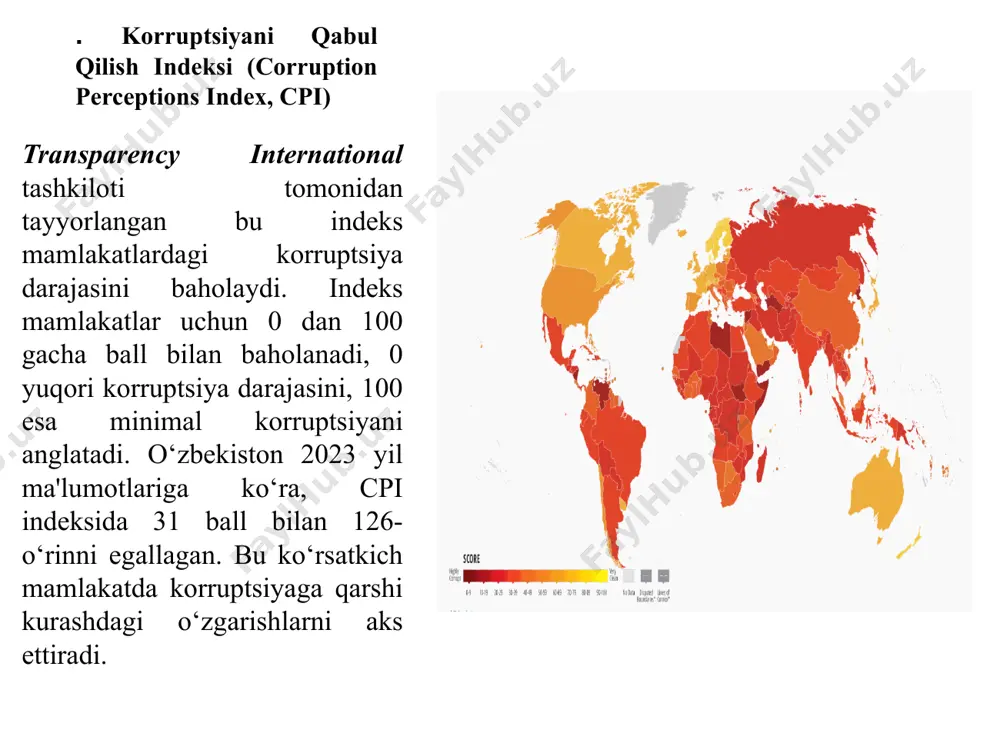 va 150-o‘rinlardan birida turadi. bu ko‘rsatkich islohotlar yo‘lida hali ko‘p ishlar qilish kerakligini ko‘rsatadi. jurnalistlar erkinligi indeksi (press freedom index) reporters without borders tashkiloti tomonidan ishlab chiqilgan ushbu indeks mamlakatlardagi matbuot erkinligini o‘lchaydi. bu yerda jurnalistlarning xavfsizligi, so‘z erkinligi va senzura darajasi baholanadi. o‘zbekistonning o‘rni: 2023 yil ma'lumotlariga ko‘ra, o‘zbekiston matbuot erkinligi indeksida 137-o‘rinni egallagan. ushbu natija o‘zbekistonda jurnalistika sohasidagi islohotlarning davom etayotganligini ko‘rsatadi. elektron hukumat rivojlanishi indeksi (e-government development index, egdi) bmt tomonidan ishlab chiqilgan ushbu indeks mamlakatlardagi elektron hukumat tizimlarining rivojlanishini o‘lchaydi. bu yerda onlayn xizmatlar, hukumatning texnologik tayyorgarligi va internet infratuzilmasi baholanadi. o‘zbekistonning o‘rni: 2022 yil ma'lumotlariga ko‘ra, o‘zbekiston egdi indeksida 87-o‘rinni egallagan, bu esa mamlakatda elektron hukumat tizimining rivojlanishi va raqamli texnologiyalarni keng qo‘llashda ijobiy o‘zgarishlarni aks ettiradi. bmt bolalar huquqlari indeksi (kids rights index) kidsrights foundation tomonidan ishlab chiqilgan ushbu indeks mamlakatlarda bolalar huquqlarining himoyalanganlik darajasini o‘lchaydi. bu sog‘liq, ta'lim, huquqiy himoya va bolalarning yashash …