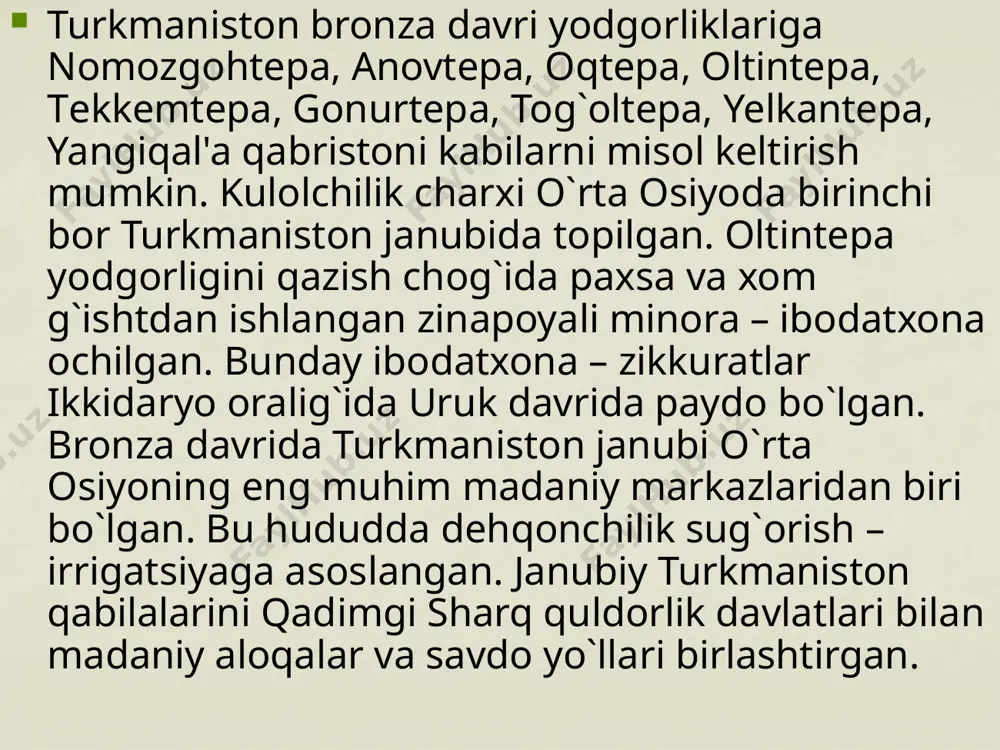 atrofi devorlar bilan o`ralgan qishloqlarda yashaganlar. bronza davri aholisi soylar bo`ylariga tarqalib sug`orma dehqonchilikda ularning suvlaridan foydalanganlar. mahalliy sug`orish tajribasida soylardan kanal va ariq chiqarish katta ahamiyatga ega bo`lgan. sopollitepaning umumiy ko’rinishi surxondaryo issiq iqlimli o`lka bo`lib, shimol, shimoliy - g`arb va sharqda xisor, kuxitog`, bobotog` janubda amudaryo bilan chegaralangan. qadimgi sug`orish yerlari tog` tizmalariga yaqin joylashgan. surxondaryo viloyatining (muzrabod tumani) sherobod cho’lini kesib o’tgan o’lanbuloqsoy yoqasiga, termizdan 70 km shimoliy - g`arbda joylashgan bronza (jez) davriga oid arxeologik yodgorlik-sopollitepa ilk bor 1968-yilda arxeolog l. albaum tomonidan topilgan. 1969-1974-yillarda a. asqarov tomonidan o’rganilgan.to`rt gektar joydan iborat tepalikning markaziy qismida to`rtburchakli istehkom qazib ochildi. uning hamma tomoni 82 metr. istehkom ichida turar joylar ro`zg`or va xo`jalik xonalari hunramandchilik ustaxonalari inshootlari topildi. sopollitepadagi uy – joy devorlari tagida qadimgi 158 ta qabrlar tekshirilgan. ularning 125 tasiga yakka jasad qo`yilgan, 13 ta jasad kollektivli go`r vazifasini bajargan. sopollitepa manzilgohidagi qabrlarda odam jasadi o’rnida …