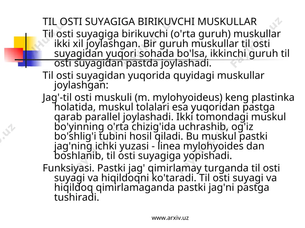 ing tanasini egallab yotadi. old tomondan halqum va qizilo'ngach bilan yopilib turadi. funksiyasi. muskullar ikki tomondan baravar qisqarsa, bo'yin oldinga, bir tomondan qisqarsa, yon tomonga bukiladi. innervatsiyasi: bo'yin chigali c^-c^ dan. qon t о m i r 1 a r i: a. vertebralis, a. cervicalis ascendyeus. a. cervicalis profunda. boshning uzun muskuli (m. longus capitis) ih-vi bo'yin umurtqalaridan boshlanib, ensa suyagining pars basilaris iga yopishadi. funksiyasi. ikkala tomon baravar qisqarsa, bosh oldinga bukiladi. www.arxiv.uz www.arxiv.uz bo'yin uchburchaklari bo'yin muskullari o'zining joylashishiga qarab bir qancha soha va uchburchaklarni tashkil etadi. bu uchburchaklar qon tomir va nervlarni o'rganishda va jarrohlikda muhim ahamiyatga ega. bu uchburchaklar quyidagilar. bo'yinning yonbosh uchburchagi (trigonum colli laterale) oldindan to'sh-o'mrov-so'rg'ichsimon muskul, orqadan trapetsiyasimon muskul (m. trapezius), pastdan o'mrov suyagi bilan chegaralanadi. bu uchburchak kurak-o'mrov muskuli orqali kurak-o'mrov (trigonum omoclaviculare) va ko'krak trapetsiyasimon uchburchaklari (trigonum omotrapezoideum) ga ajraladi. ko'krak-o'mrov uchburchagi pastdan o'mrov suyagi, tepadan kurak-til osti muskulining pastki qorinchasi, …