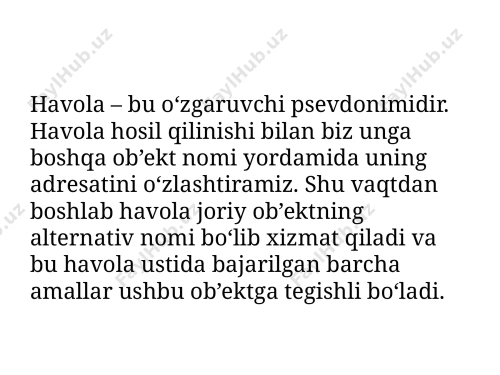 lishga egadir: ovqat::sho’rva gipotetik (tahminiy) nomlar fazosi bo’lib, tovuq identifikator bo’lsin. agar nomlar fazosi mavjud bo’lsa u ovqat::sho’rva::tovuq ko’rinishida bo’ladi. agar nomlar fazosi mavjud bo’lmasa u holda ovqat::tovuq ko’rsatiladi. agar bu fazo ham mavjud bo’lmasa u holda tovuq global fazodagi identifikatorga yo’naltiriladi. nomlar fazosi zamonaviy dasturlashda keng qo’llanilsada, eski kodlarning katta qismi bunday imkoniyatga ega emas. masalan, c++ tilining barcha standart kutubxonalari “namespace std” ning ichida aniqlanagan, lekin (nom fazolarini) standartlashtirishgacha ko’pgina komponentlar birlamchi global fazoda anqlanganlar. e’tiboringiz uchun rahmat image1.png image2.png image3.png image4.png image5.png image6.png image7.png image8.png image9.png image10.png image11.png image12.png image13.png image14.png image15.png image16.png image17.png image18.png image19.png /docprops/thumbnail.jpeg