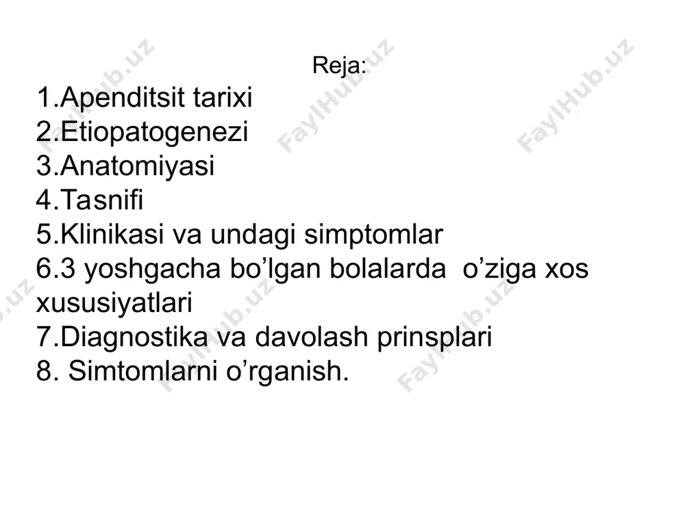 kichik chanoq sohasida joylashishi 8-12%ni tashkil qiladi va bu holat ko`pincha keksalarda kuzatiladi. ko`richak 96% hollarda qorin parda bilan hamma tomondan o`ralgan bo`ladi (intraperitoneal). qo’zg’aluvchan ko’richak- sekum mobile derjavin tadqiqotlari bo’yicha 74% hollarda aniqlanadi. chuvalchangsimon o`simtanining klinik anatomiyasi чувалчангсимон ўсимтани жойлашиш вариантлари нормал медиал ретроцекал siydik qopi devoriga tegib turishi tuxumdonga tegib yaqin joylashishi kindik tomonga qarab joylashishi qorinpardadan tashqari joylashishi- paranefrit alomatlarini jigar ostida joylashishi isakov, stepanov, dronov bo`yicha tasnifi nodestruktiv destruktiv o’tkir kataral(oddiy) flegmanoz gangrenoz perforativ yarali asoratlangan o`simtada yiring bor o`simta atrofida yiring yig`ilgan duglas bo`shlig`ida yiring ichaklar tutqichlararo yiring diafragma ostida yiring bor peritiflit, tiflit, yo`g`on ichak atrofidagi flegmona peritonit шикоятлари кўп учрайдиган 1 – ўнг ёнбош соҳадаги оғриқ 1. оғриқ эпигастрал соҳадан бошланиб кейинчалик ўнг ёнбош соҳага кўчади (кохер-волкович симптоми) 2. доимий (камдан-кам тўлғоқсимон), 3. кучсиз (эзувчи) 4. ҳеч қаерга тарқамайди 2 – кўнгил айниш, қайт қилиш (1 ёки 2 маротаба) 3 – кам қувватлик, …
